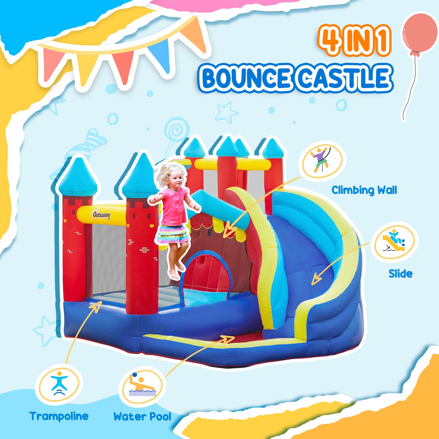 Kids Bouncy Castle, with Slide, Pool, Trampoline, Climbing Wall
