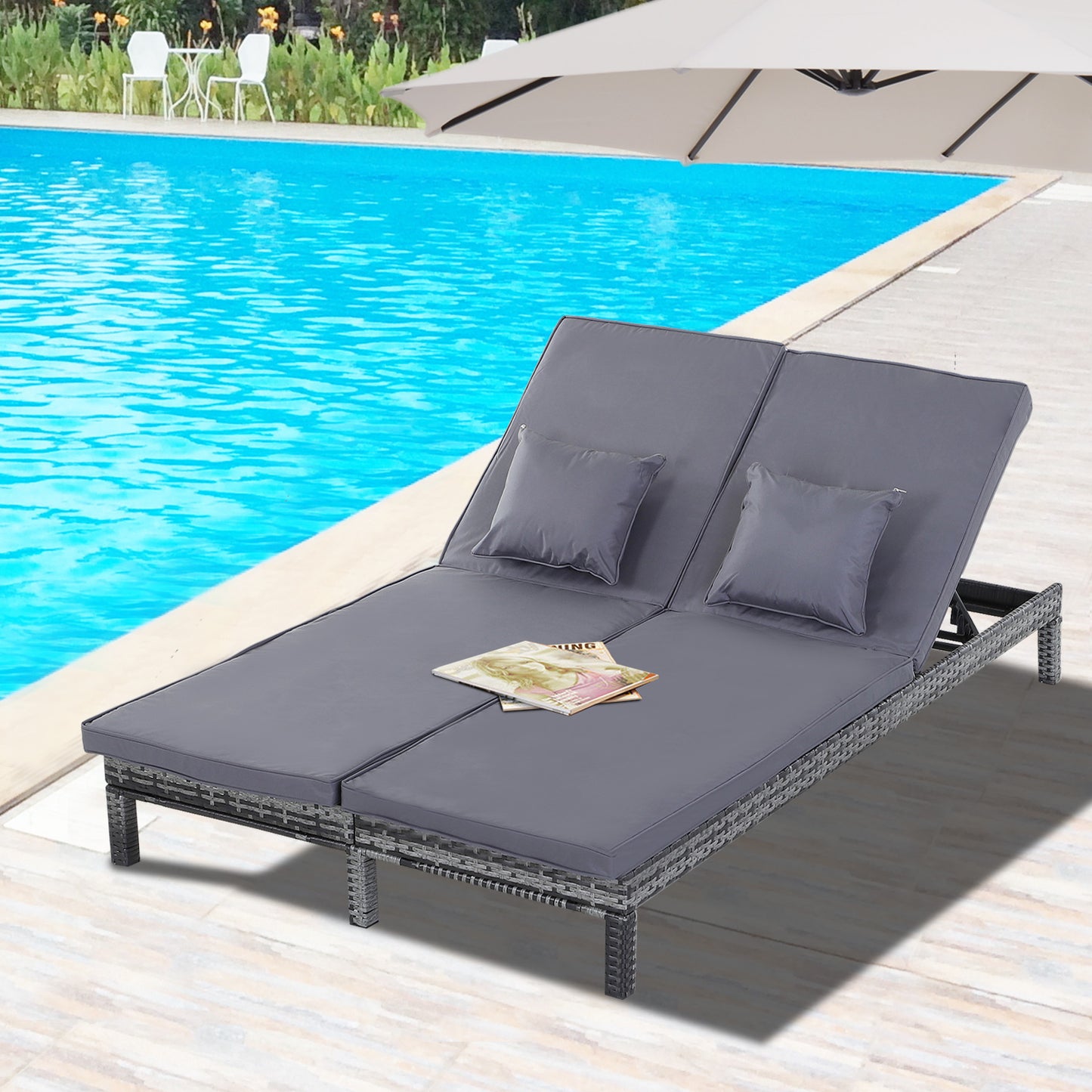 2 Seater Rattan Lounger Adjustable Double Chaise Chair Loveseat w/