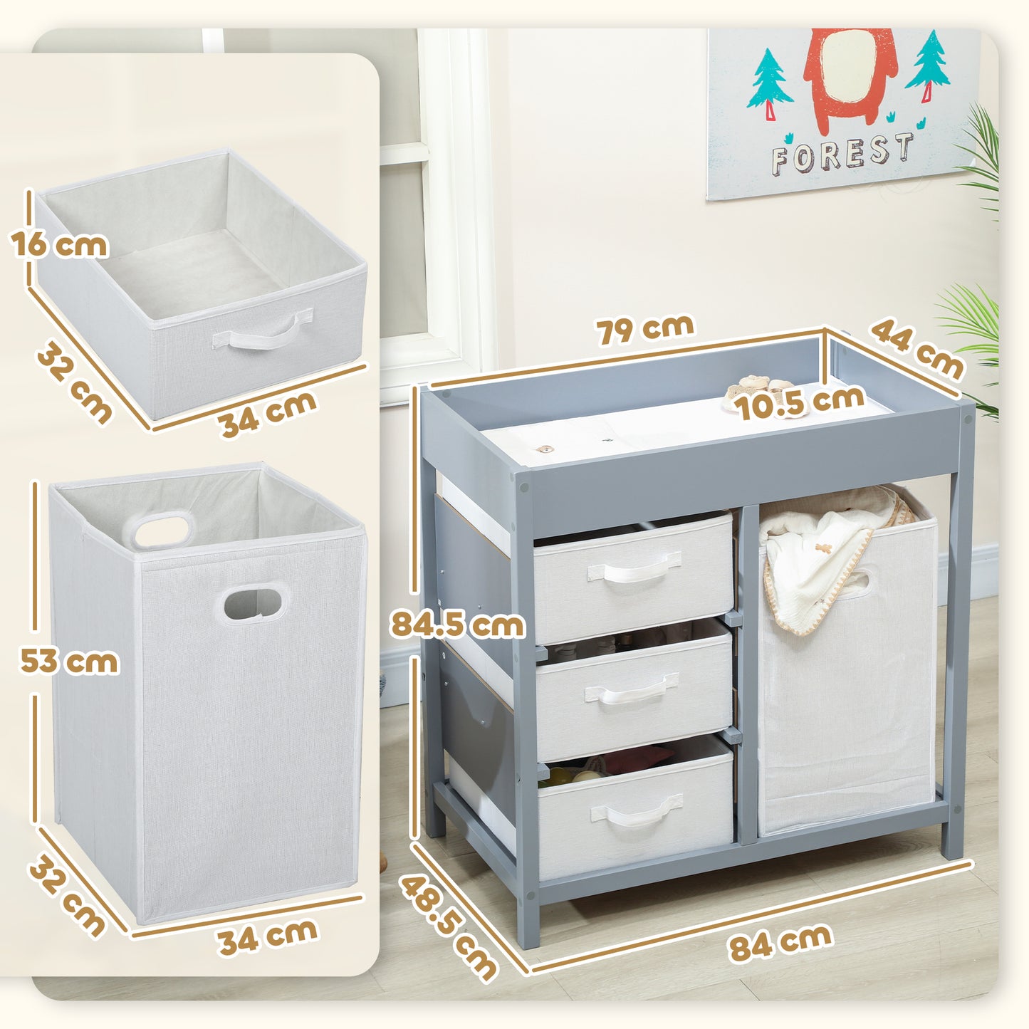 Baby Changing Unit with 4 Storage Drawers, Mat for Bedroom Nursery