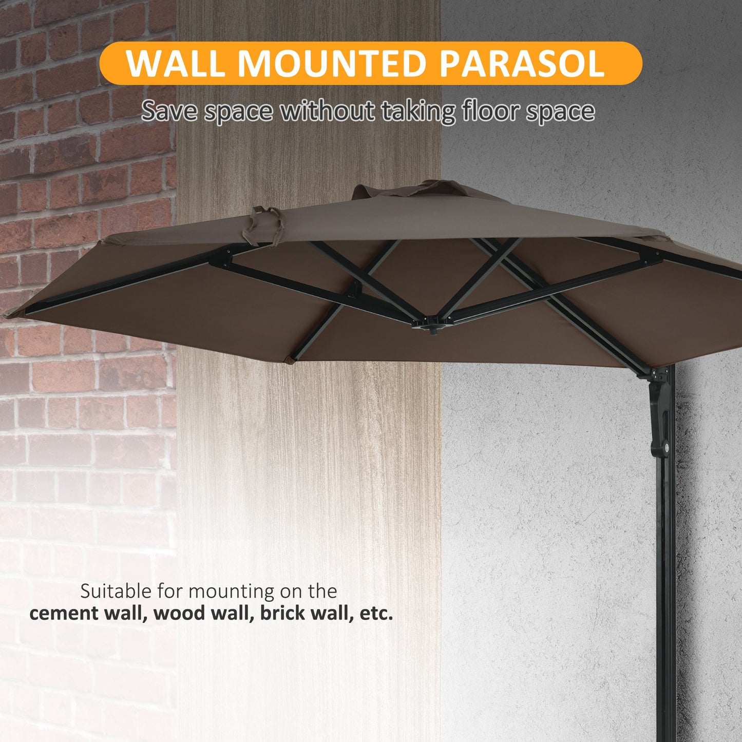 2.5m Wall Mounted Parasol, Hand to Push Outdoor Patio Umbrella