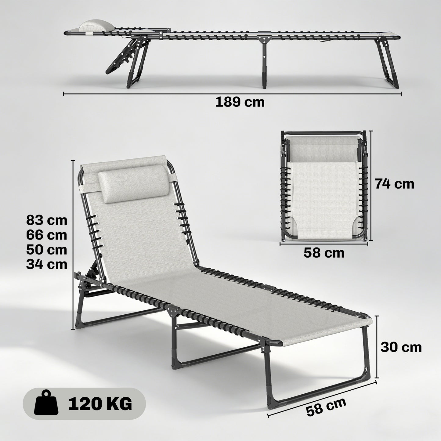 Foldable Sun Lounger, Outdoor 4 Level Adjustable Backrest Reclining