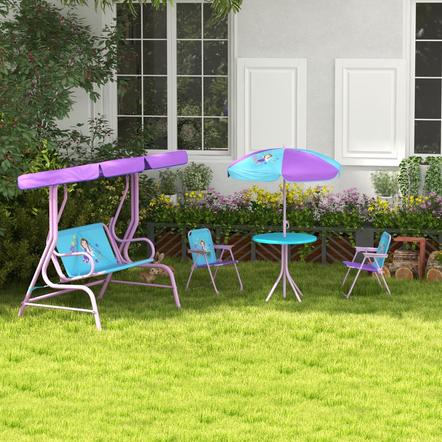 4PCs Kids Garden Furniture Set w/ 2 Seater Garden Swing Chair