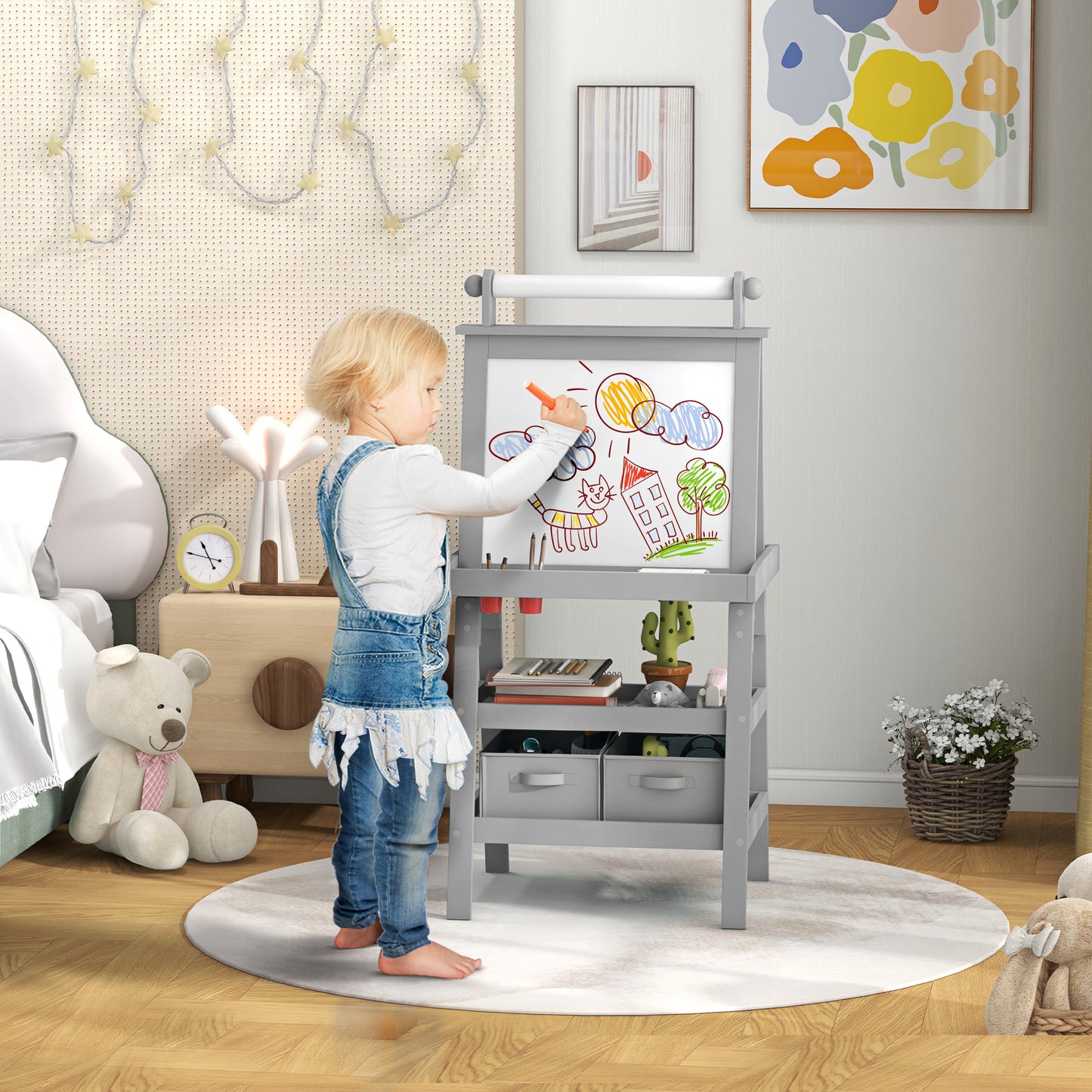 3 in 1 Kids Easel Double-Sided Magnetic Whiteboard and Chalkboard