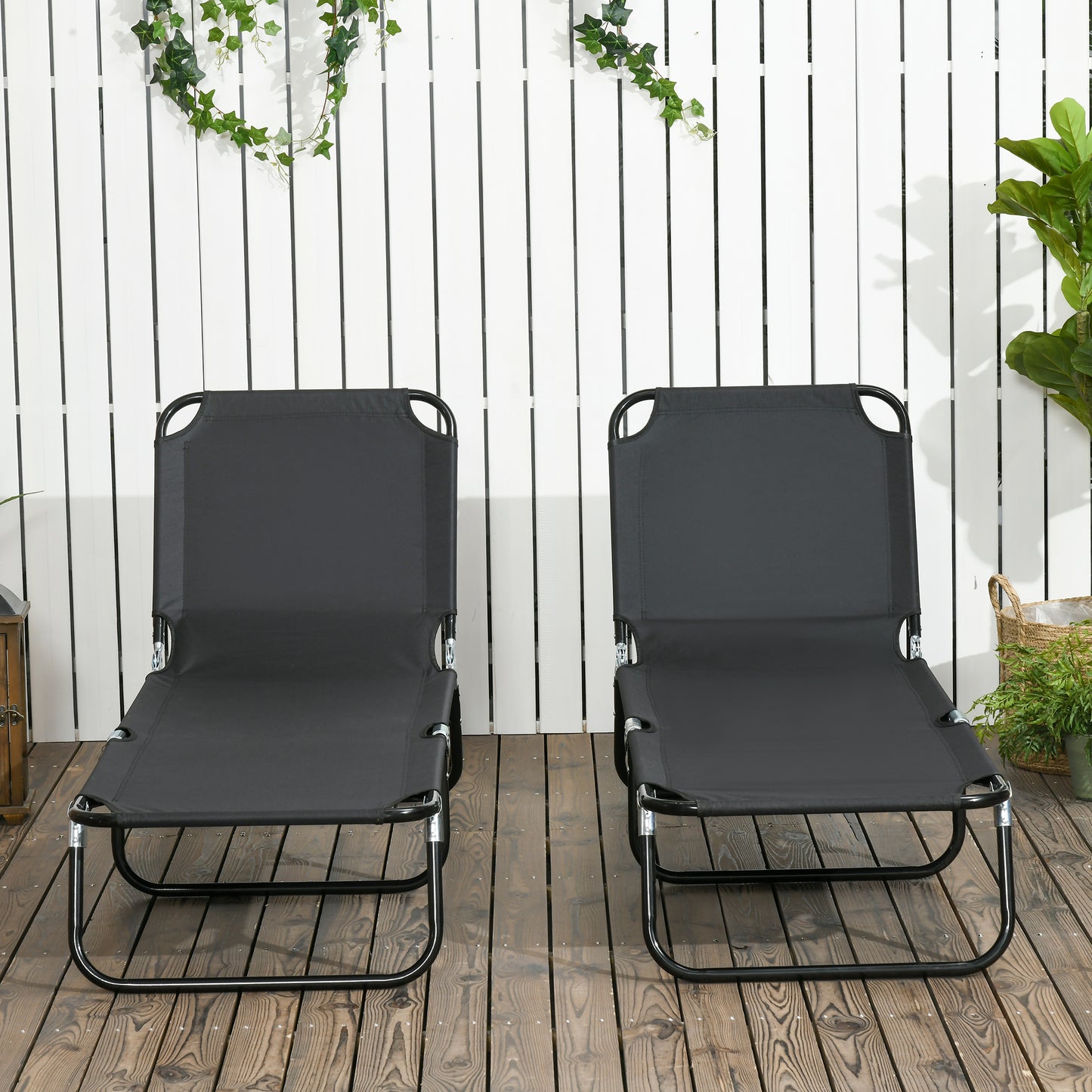 Set of Two Metal Frame Folding Sun Loungers