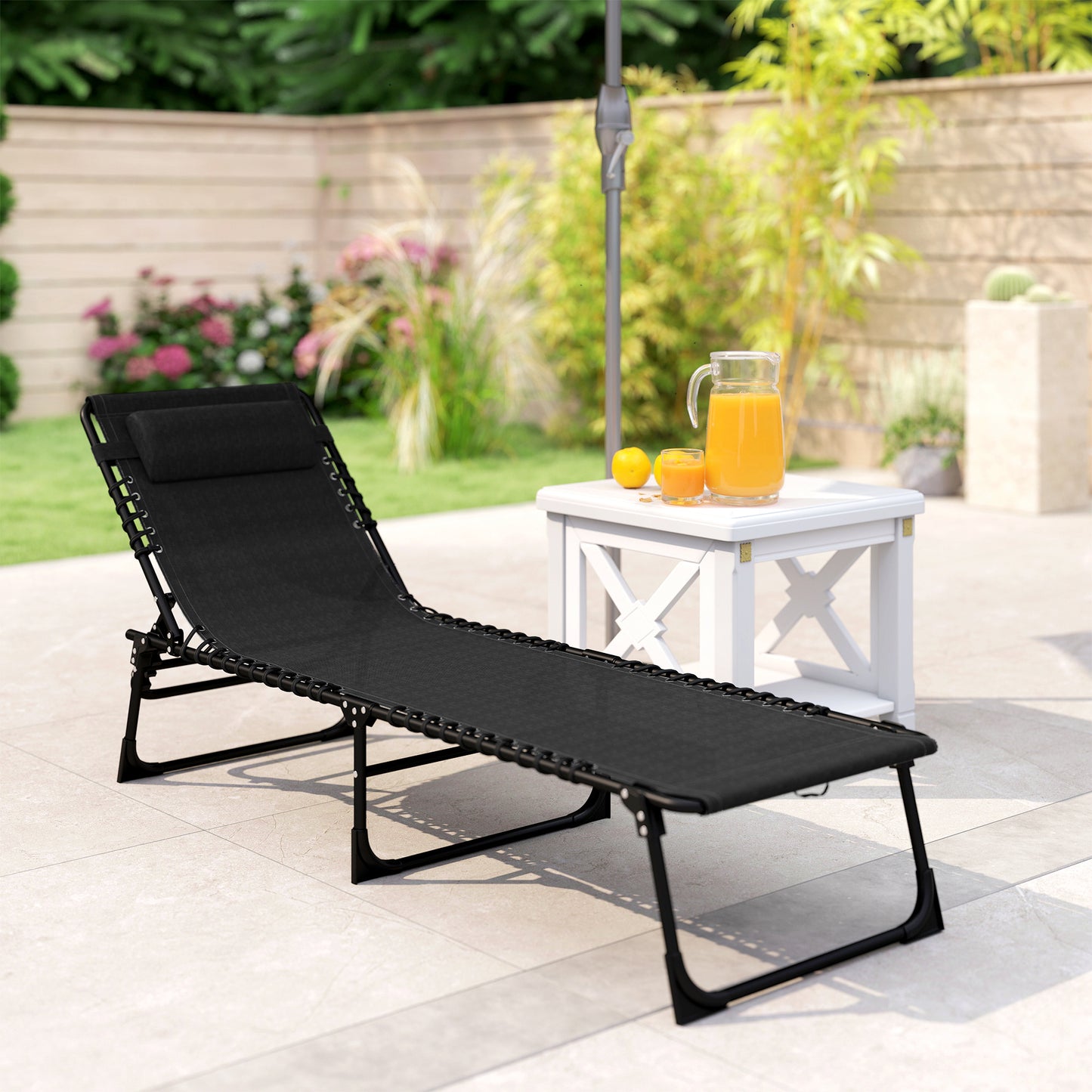 Foldable Sun Lounger, Outdoor 4 Level Adjustable Backrest Reclining