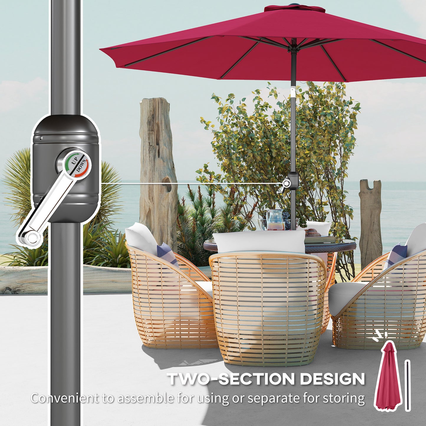 3(m) Tilting Parasol Garden Umbrellas, Outdoor Sun Shade with 8 Ribs