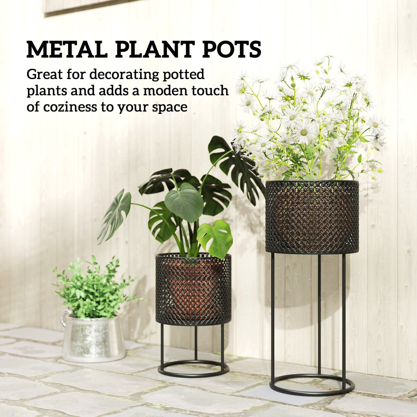 Metal Plant Pots Set of 2 with Hollow Design Flower Planters