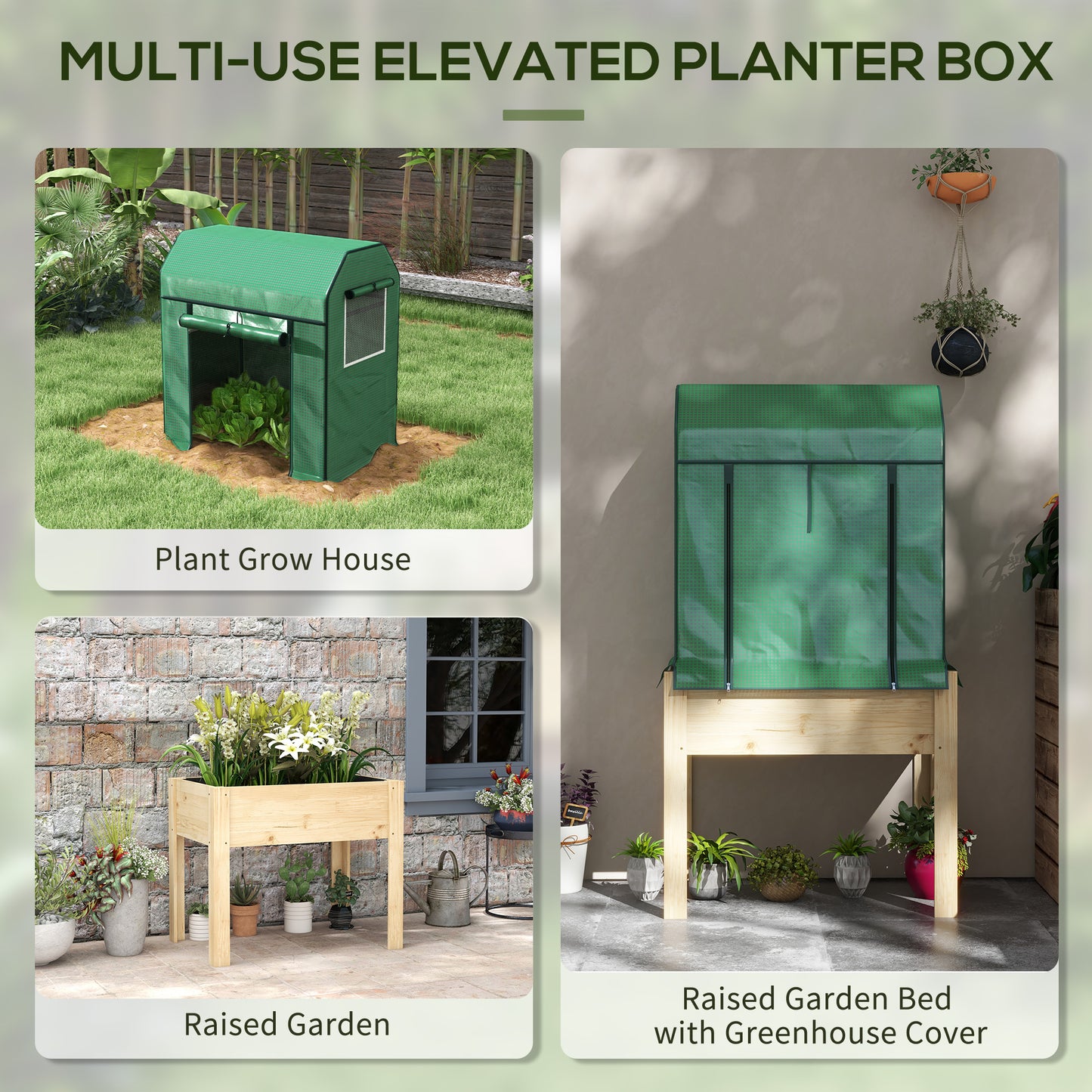 Wooden Planter Box with PE Greenhouse Cover and Bed Liner