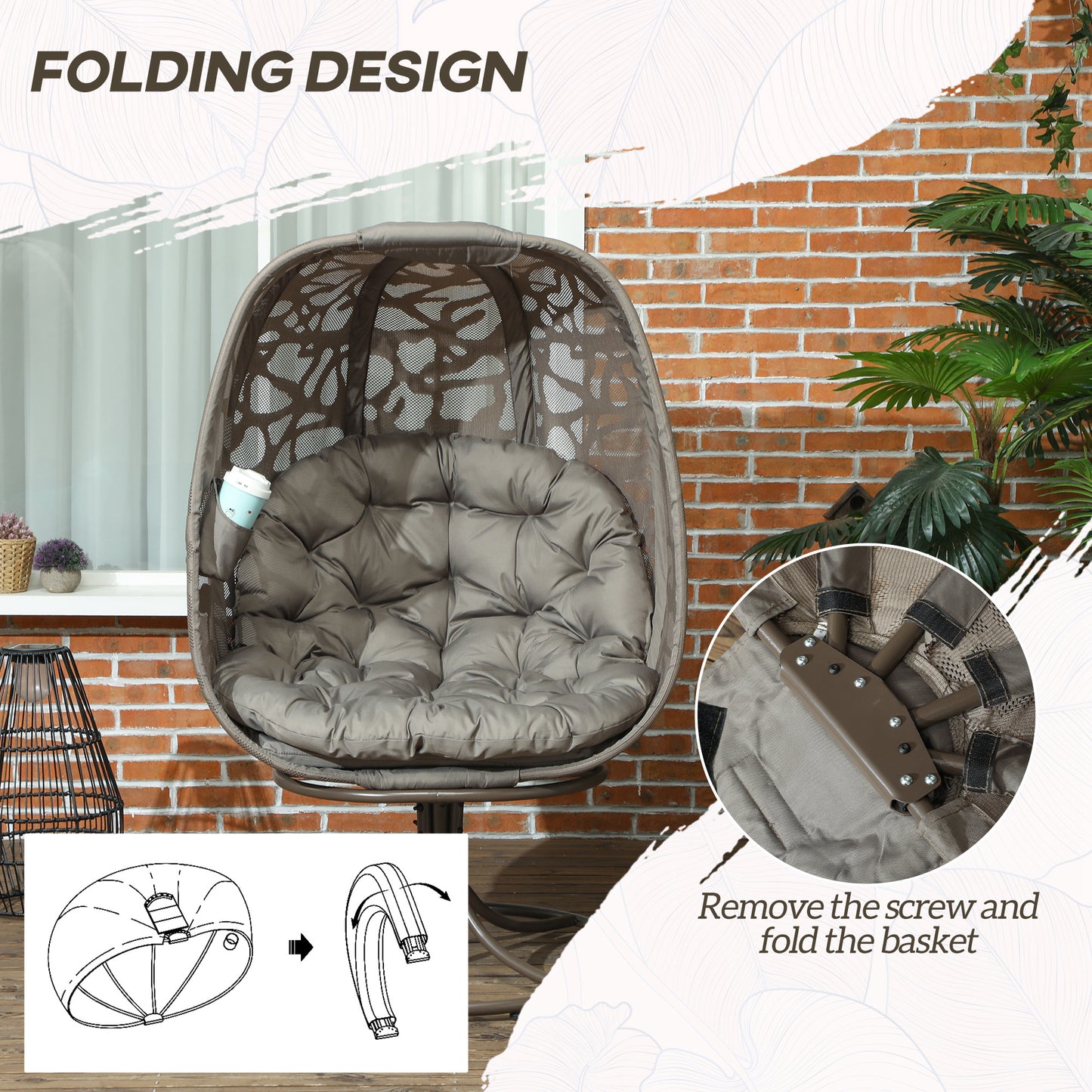 Swivel Egg Chair with Cushions, Foldable Basket Seat and Metal Frame (1)