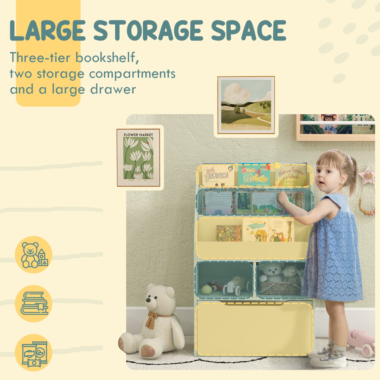 Kids Bookshelf, Toy Organiser, with Storage Drawer, Wheels