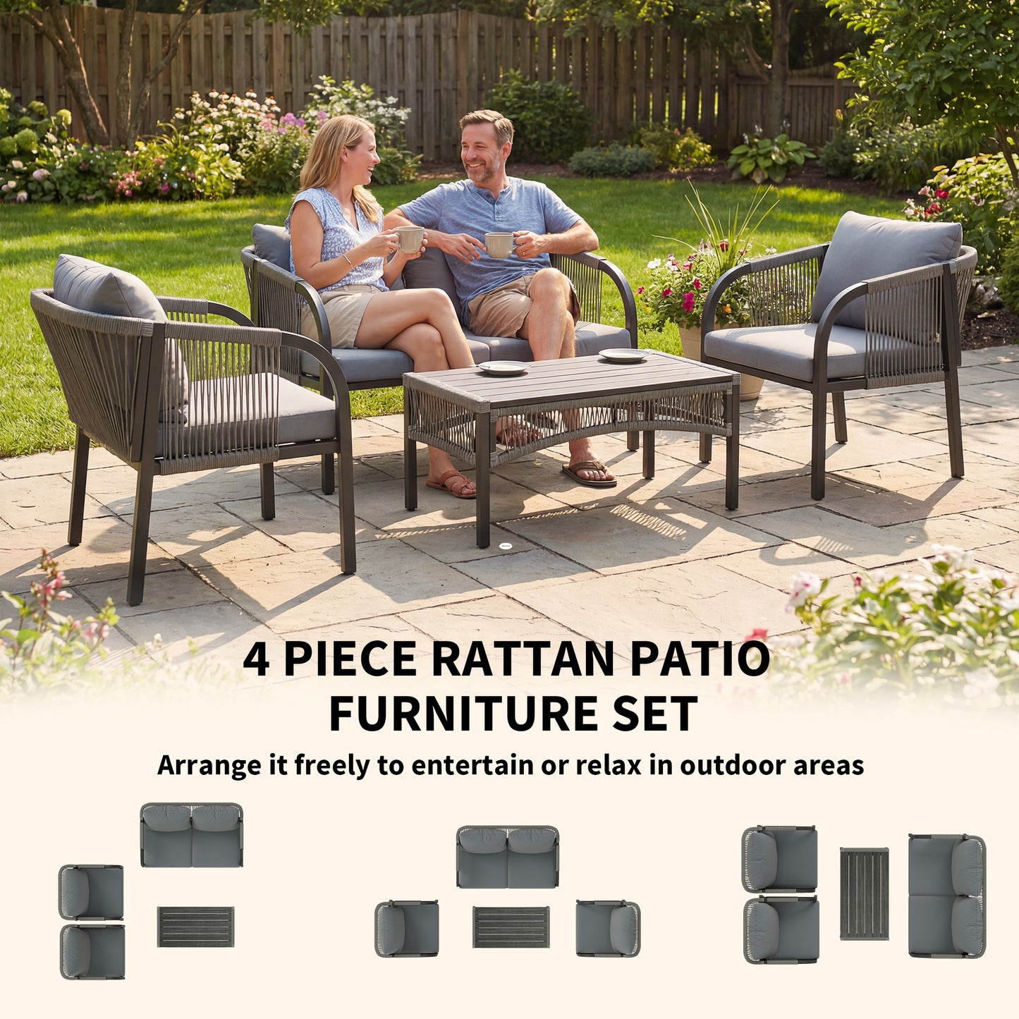 4 Piece Rattan Garden Furniture Set with Loveseat, Armchairs, Table