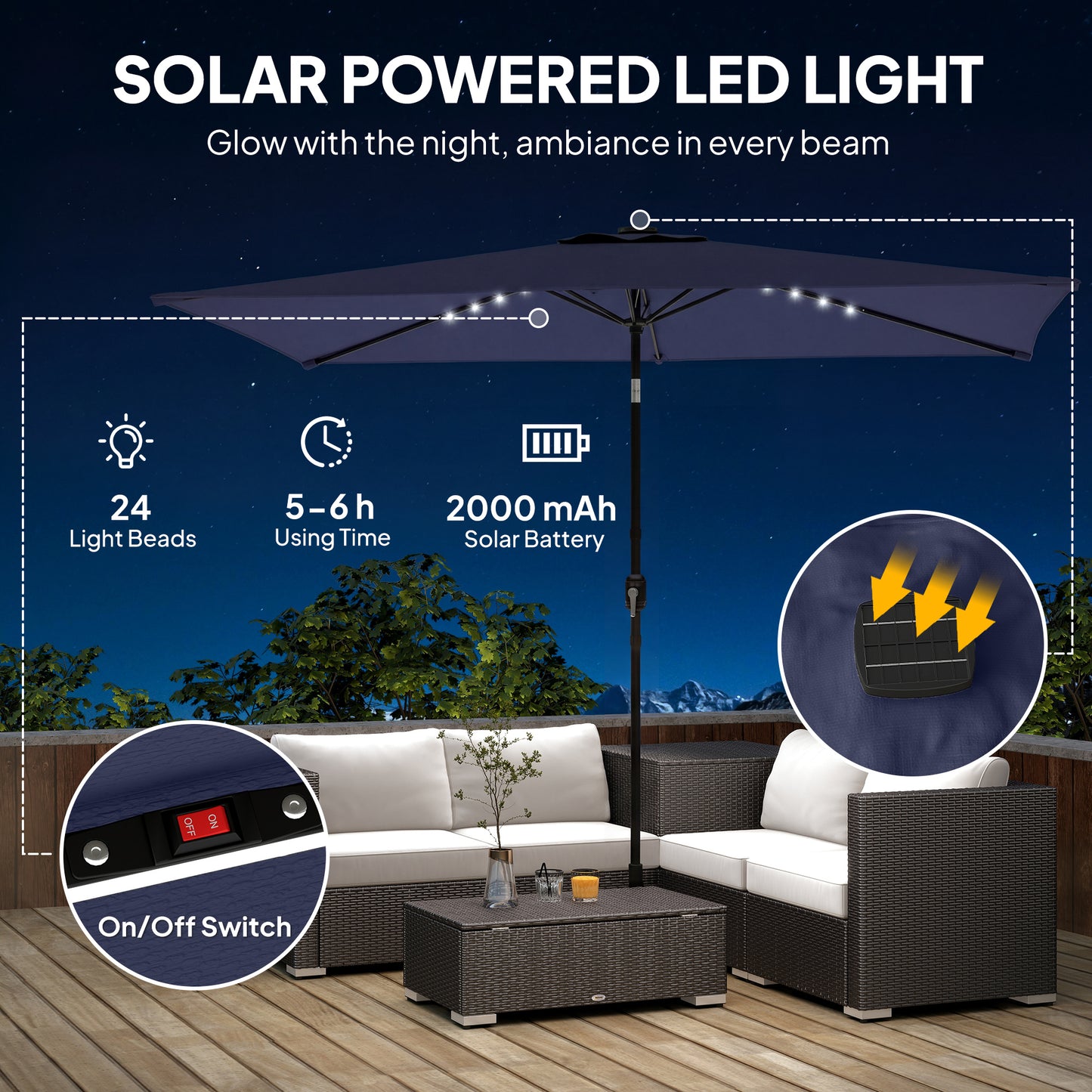 3 x 2 m Garden Parasol Umbrella with LED Solar Light, Parasol Cover