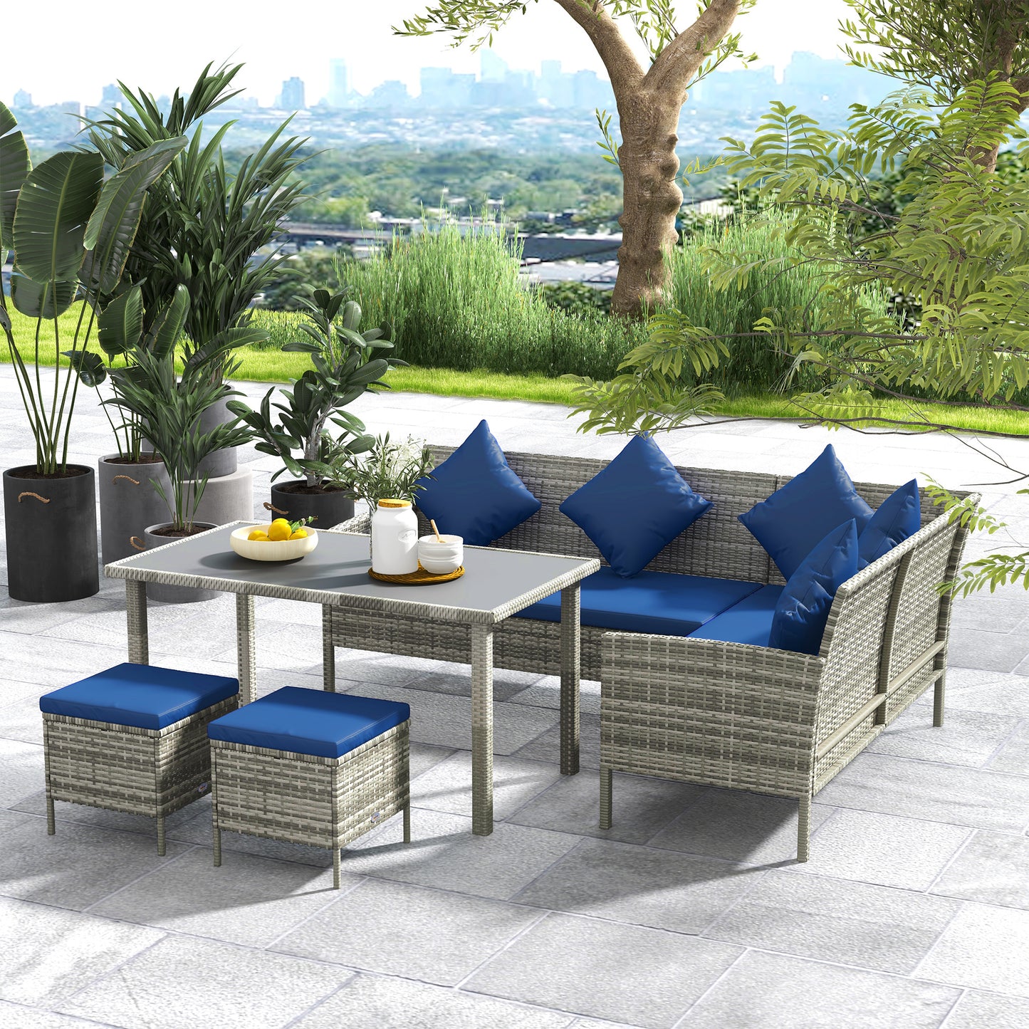 5 Pieces Rattan Garden Furniture Set with Dining Table, Cushions