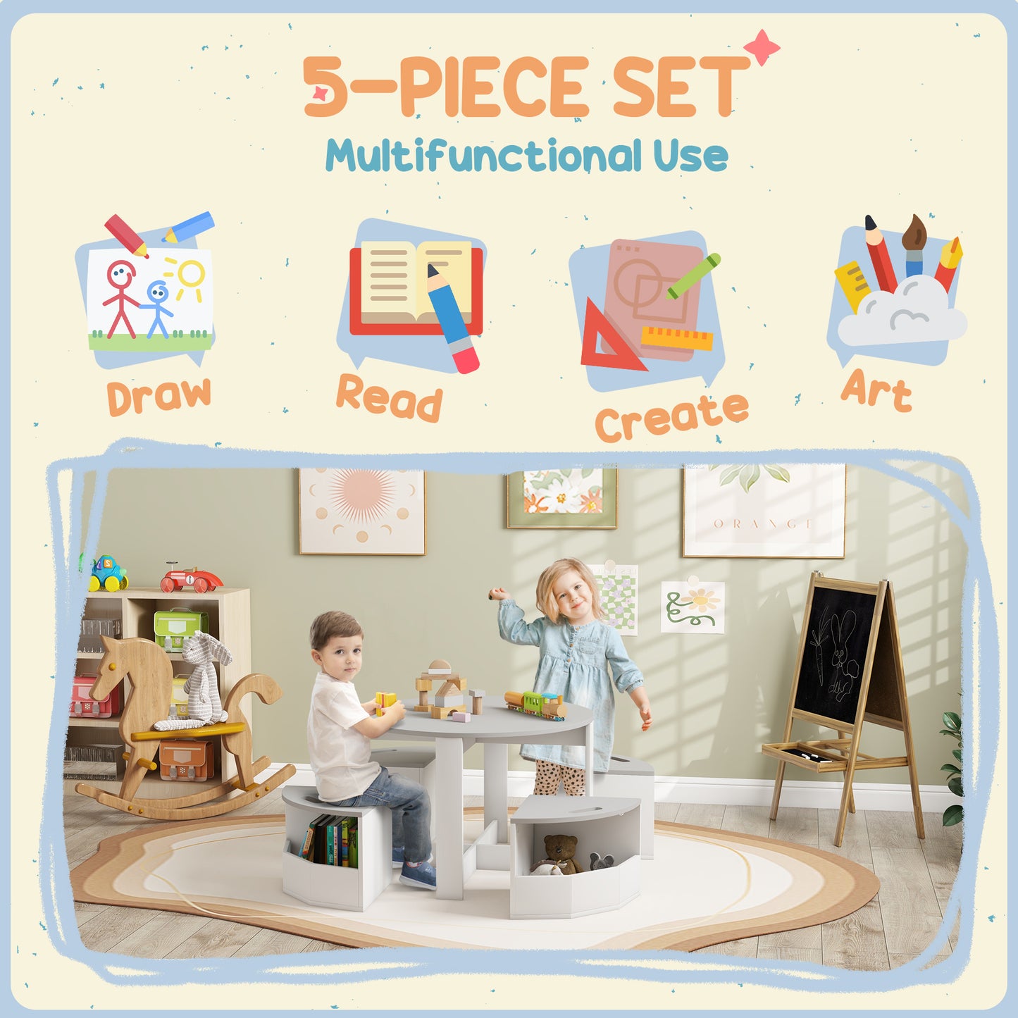 Five-Piece Kids Table and Chairs Set with Storage, for Ages 3-8 Years