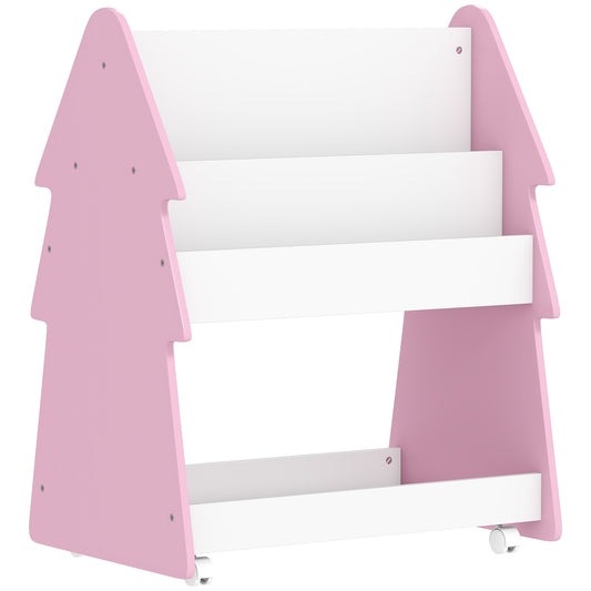 Kids Bookshelf with Toy Storage, Double-Sided Bookcase with Wheels