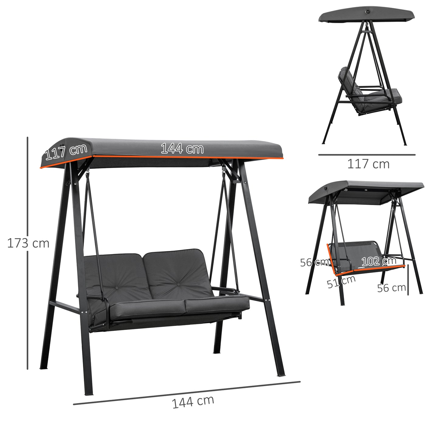 2 Seater Garden Swing Chair with Adjustable Tilting Canopy