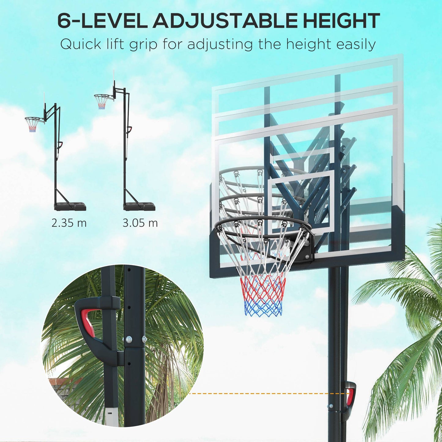 Six-Level Height Adjustable Freestanding Basketball Hoop and Stand