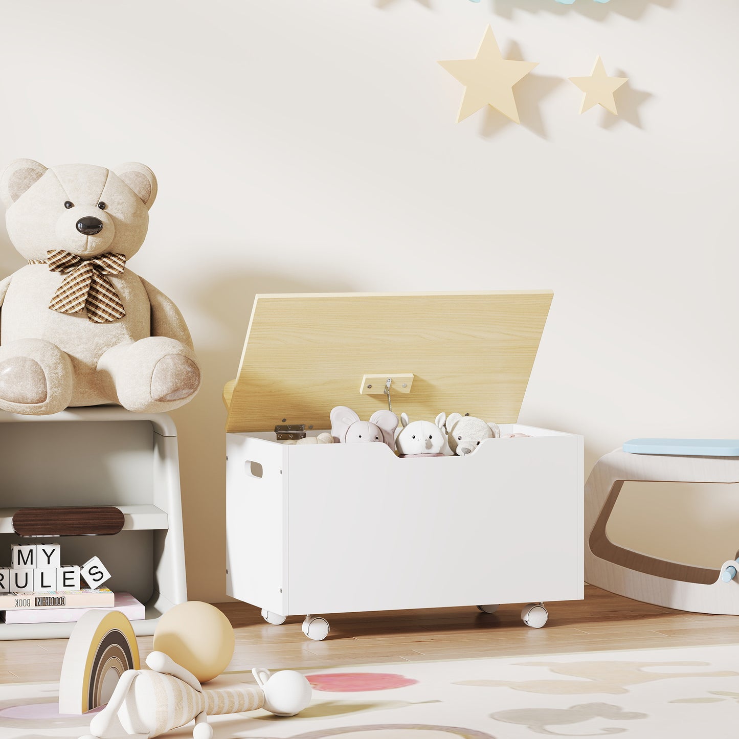 Toy Box with Lid, Toy Chest with Wheels and Safety Hinges