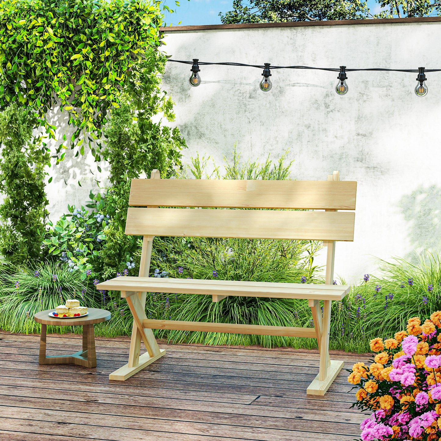 2 Seater Wooden Garden Bench, Fir Wood Outdoor Bench