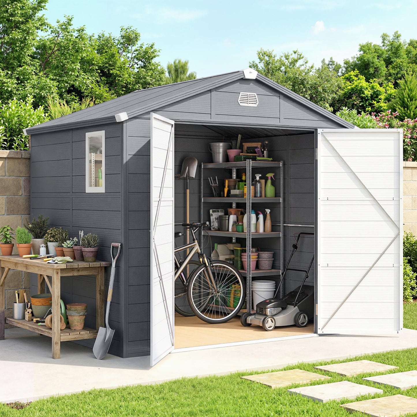 7.9ft x 6.2ft Aluminium Frame and Plastic Wall Shed, with Foundation
