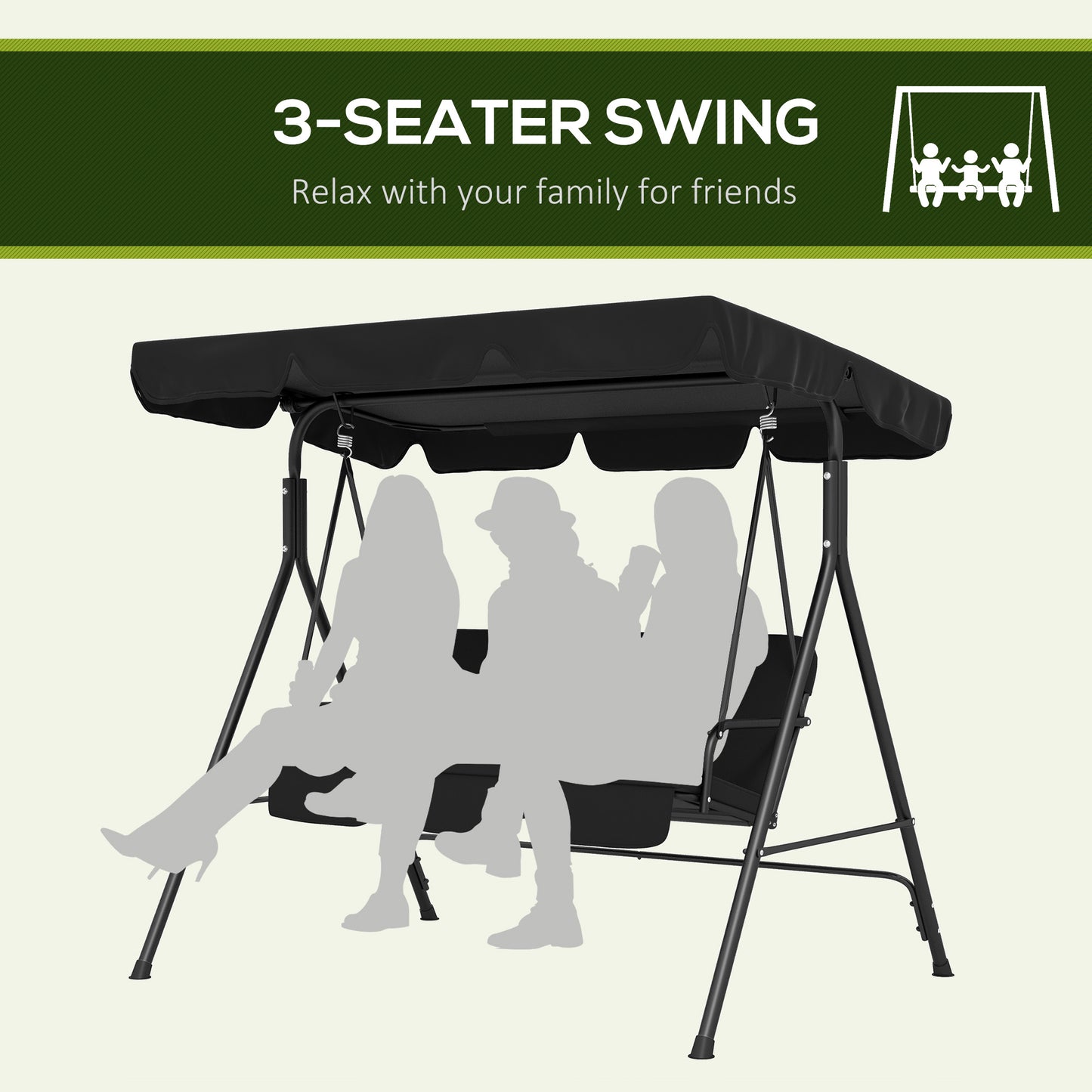 Three-Seater Garden Swing Chair, with Adjustable Canopy