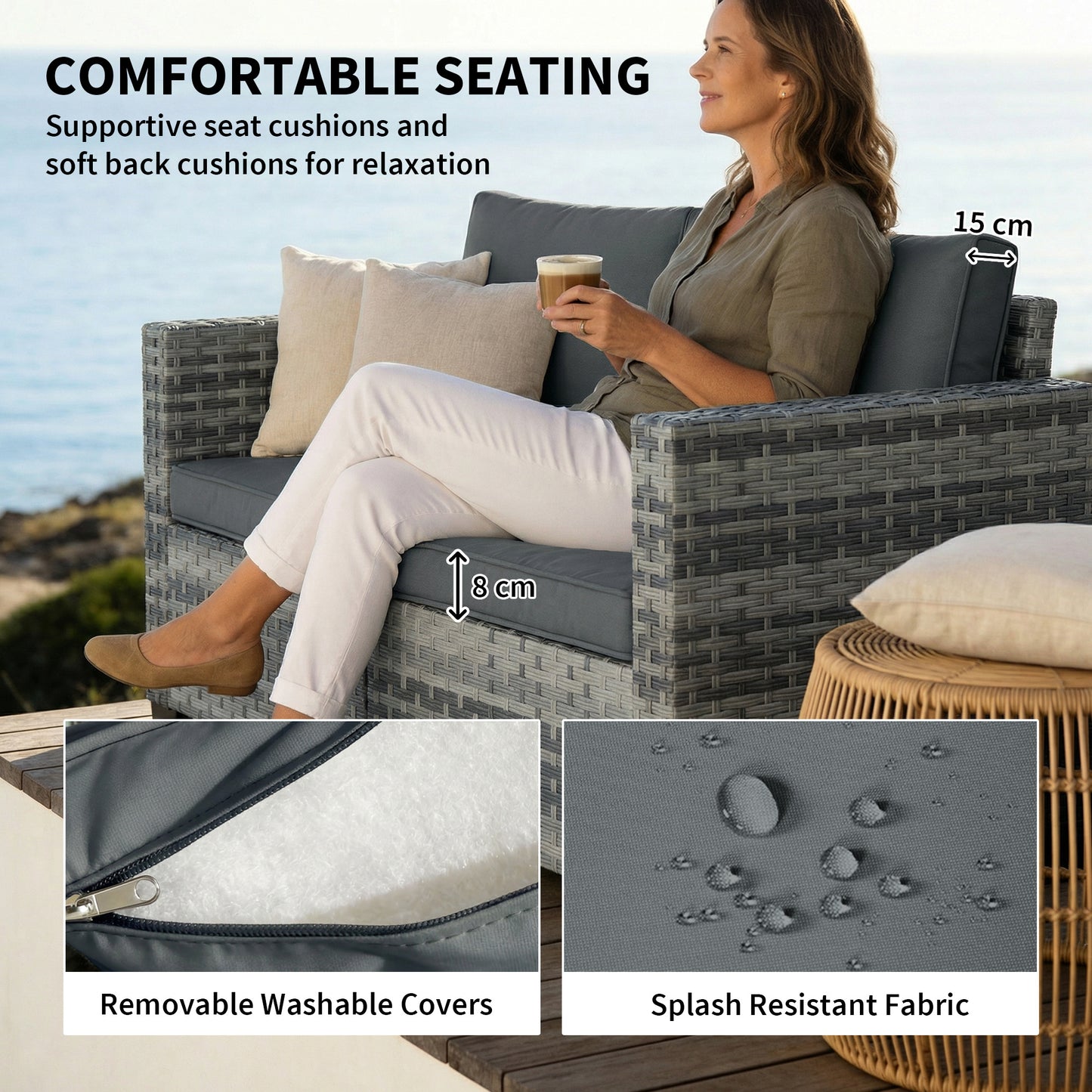 2 Seater Rattan Sofa, Outdoor Garden Sofa with Deep Seat, Cushions