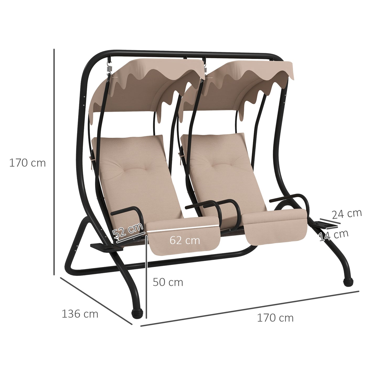 Two-Seat Garden Swing Chair, with Protective Canopy