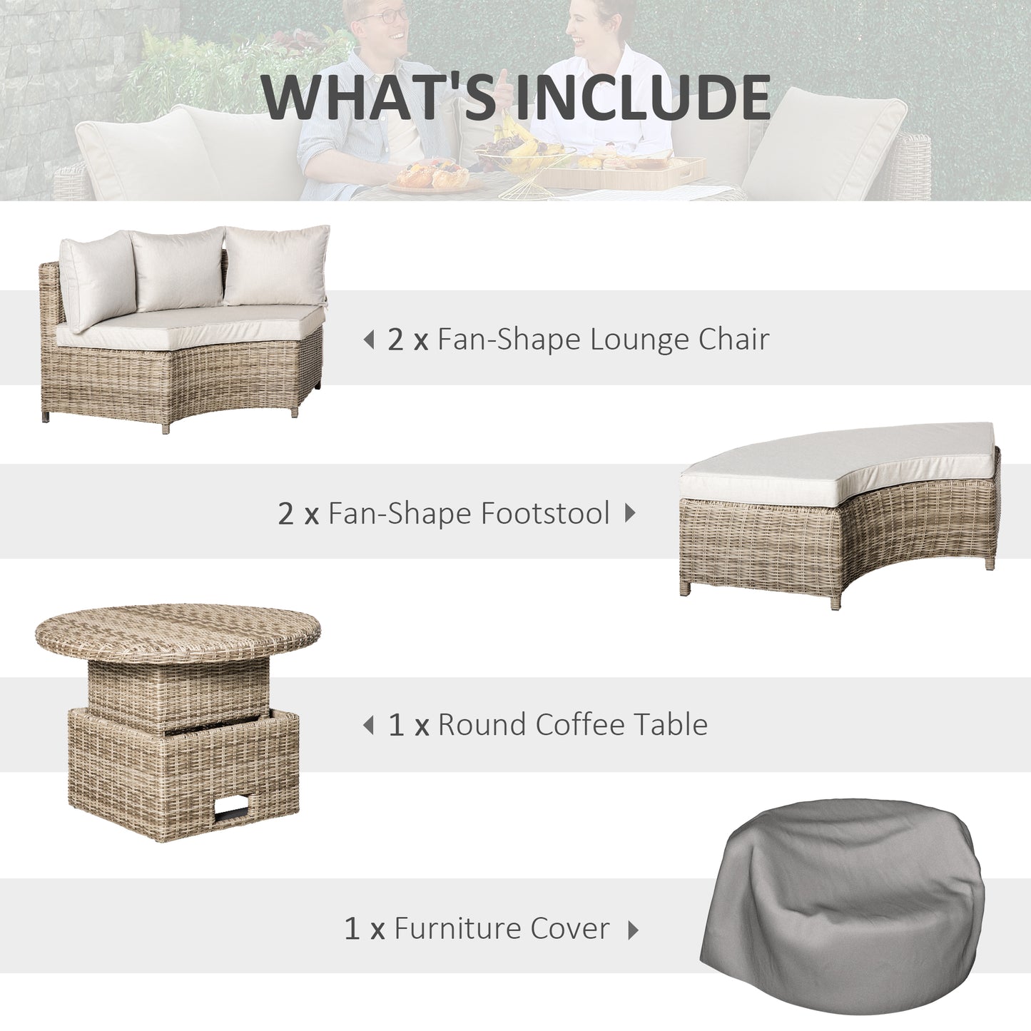 5 Pieces Outdoor PE Rattan Round Garden Daybed with Cushions
