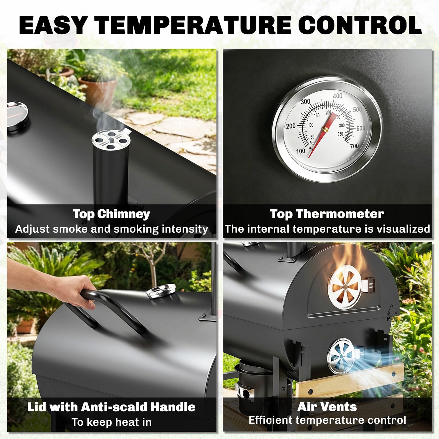 Charcoal Grill, Barrel BBQ Smoker with Warming Rack
