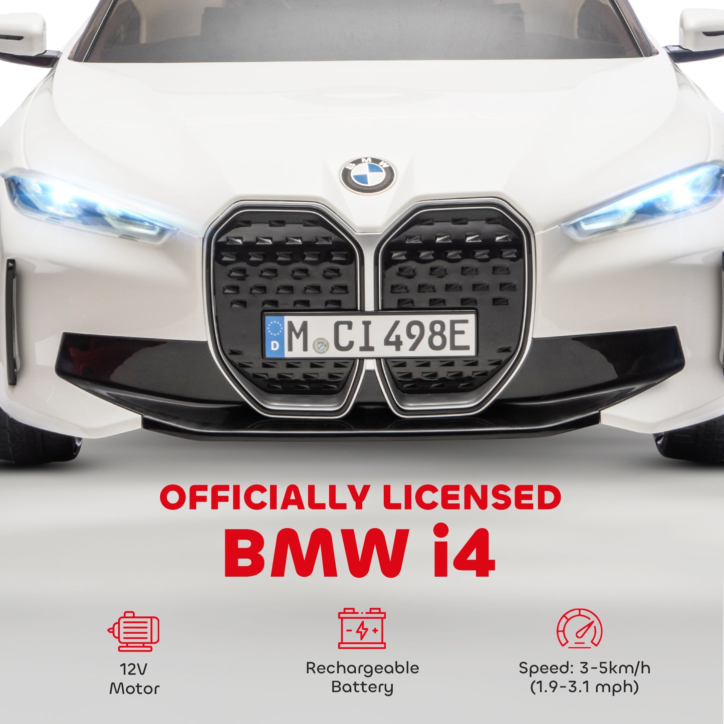 BMW i4 Licensed 12V Kids Electric Ride-On Car, White, Red and