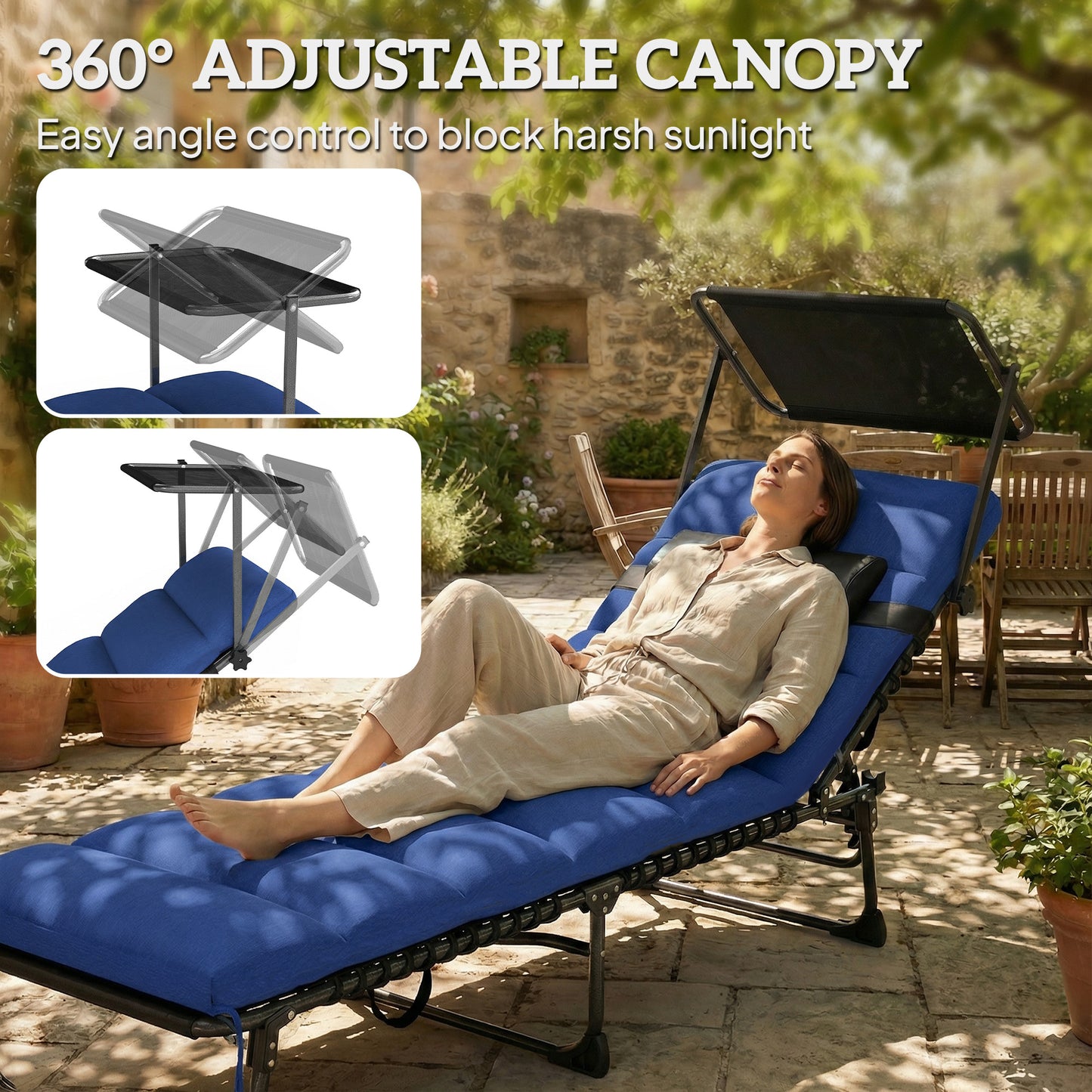 Folding Sun Lounger with Canopy, Reclining Sunbed with Cushion