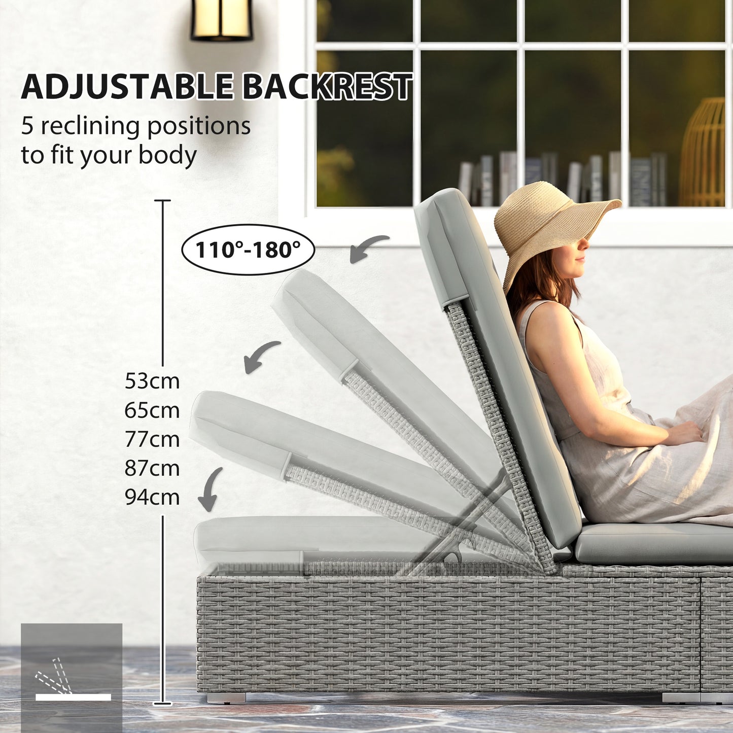 Rattan Sun Lounger, Five-Position Reclining Garden Lounger Bed