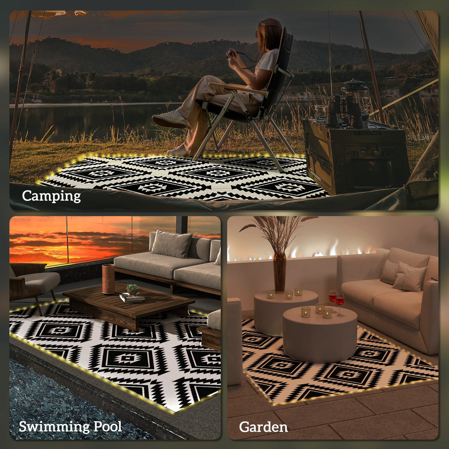 Plastic Straw Reversible RV Outdoor Rug with LED String Light (1)