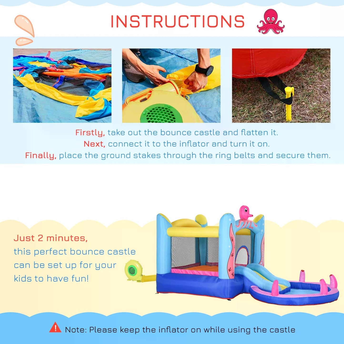 Bounce Castle Inflatable Trampoline Slide Pool Octopus Design 3.8 x
