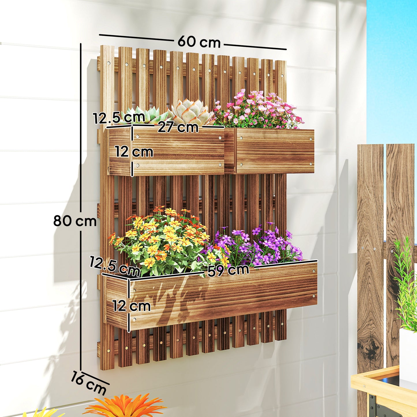 Wall-mounted Wooden Garden Planters with Trellis