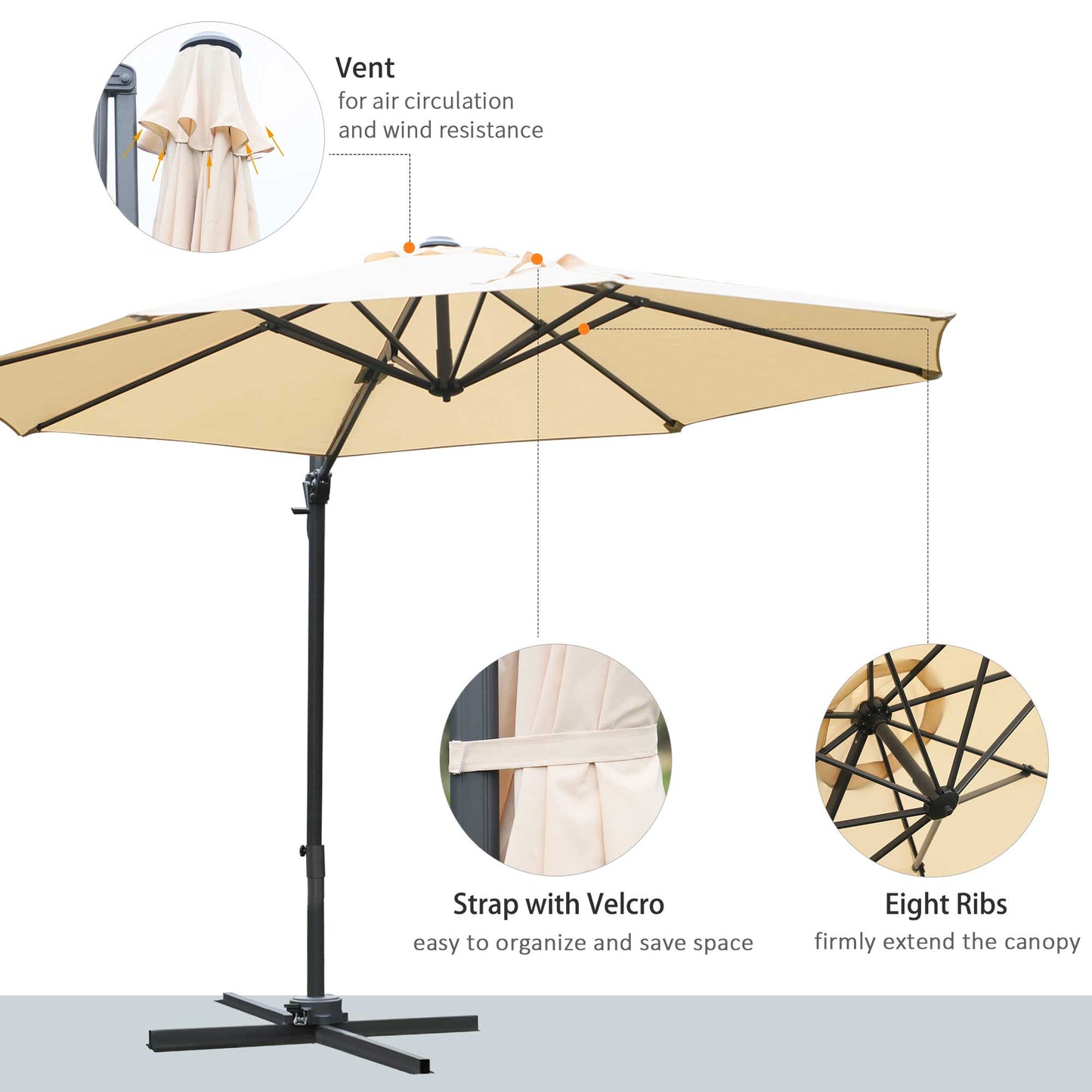 Round Umbrella Parasol W/ Tilt 360° Rotation and Hand Crank Cross Base