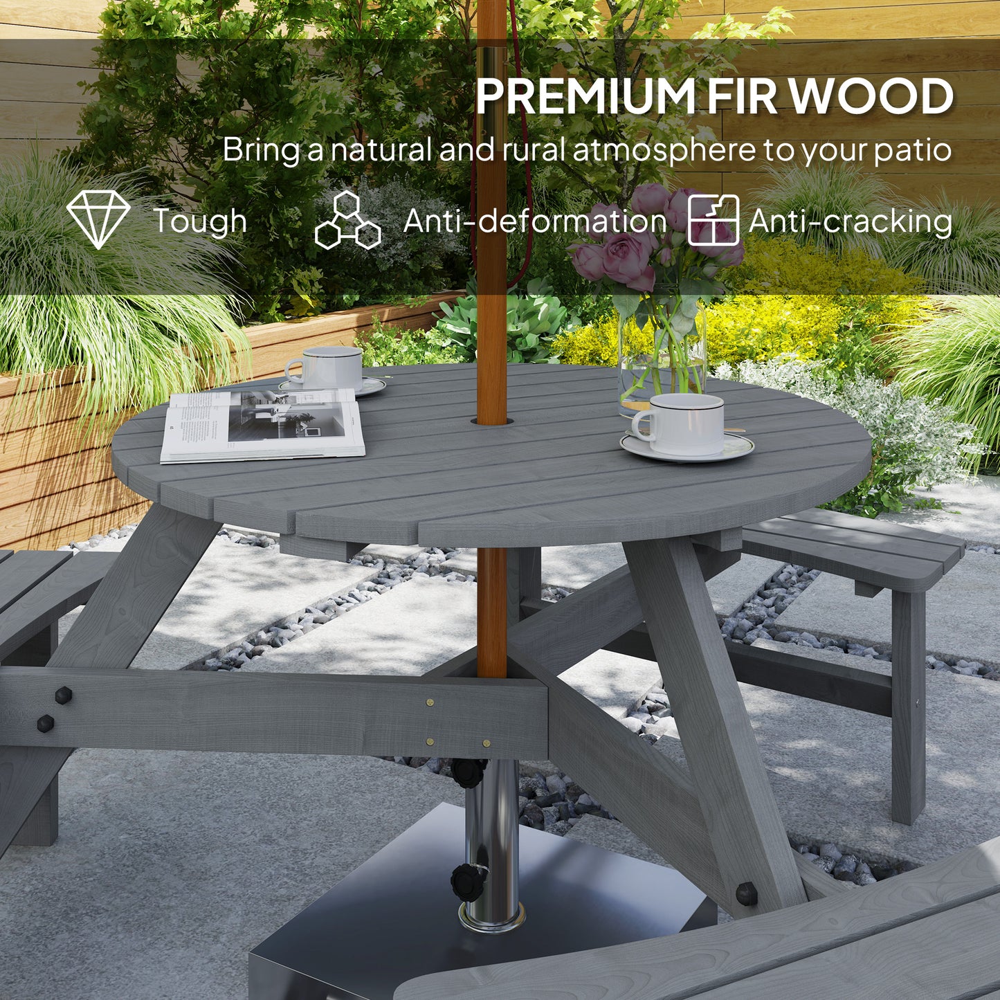 Wooden Garden Dining Set, 6 Seater Round Dining Picnic Table (1)