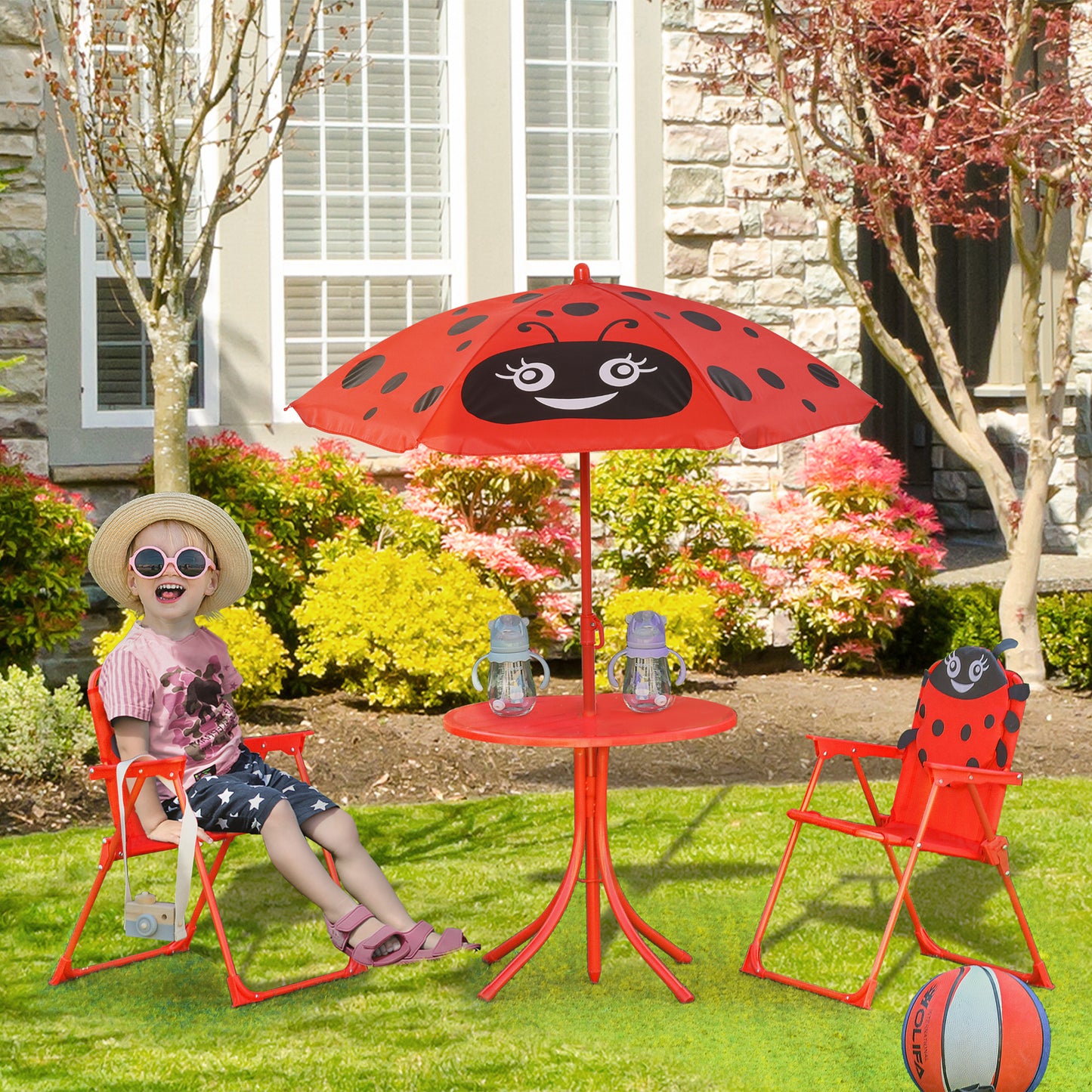 Kids Folding Picnic Table Chair Set w/ Parasol