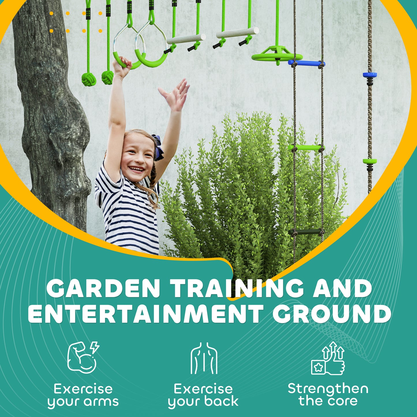 Obstacle course for Kids, with 10-Piece Slackline Kit
