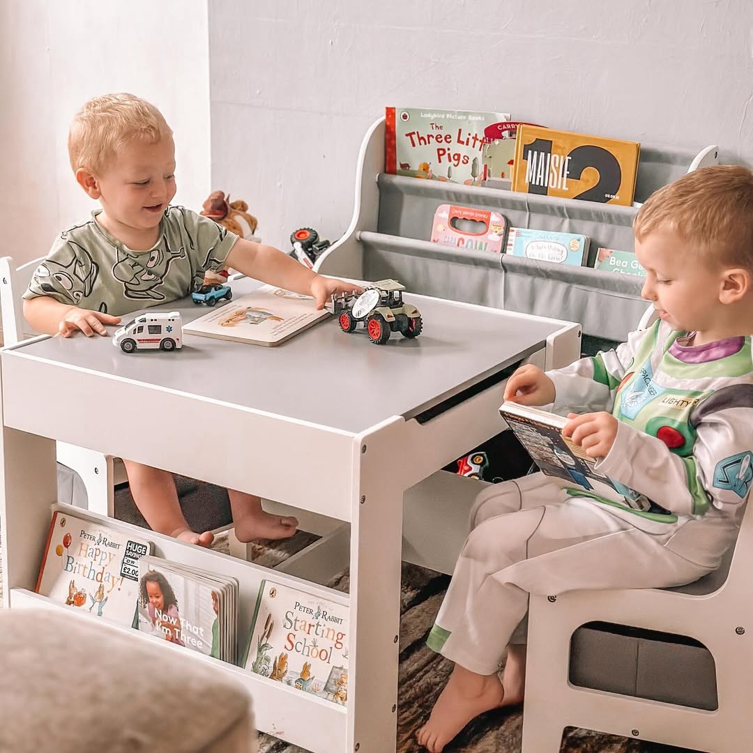 Three-Piece Kids Table and Chair Set with Blackboard, Storage