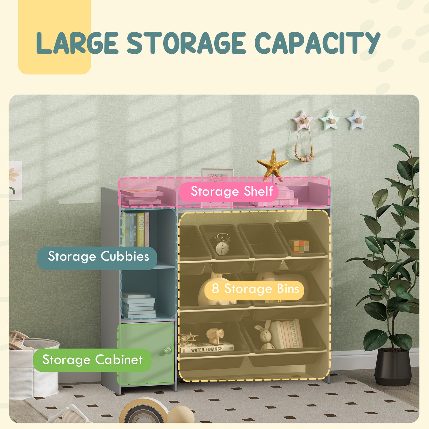Toy Storage Unit with 8 Removable Bins, Storage Shelves, Cabinet