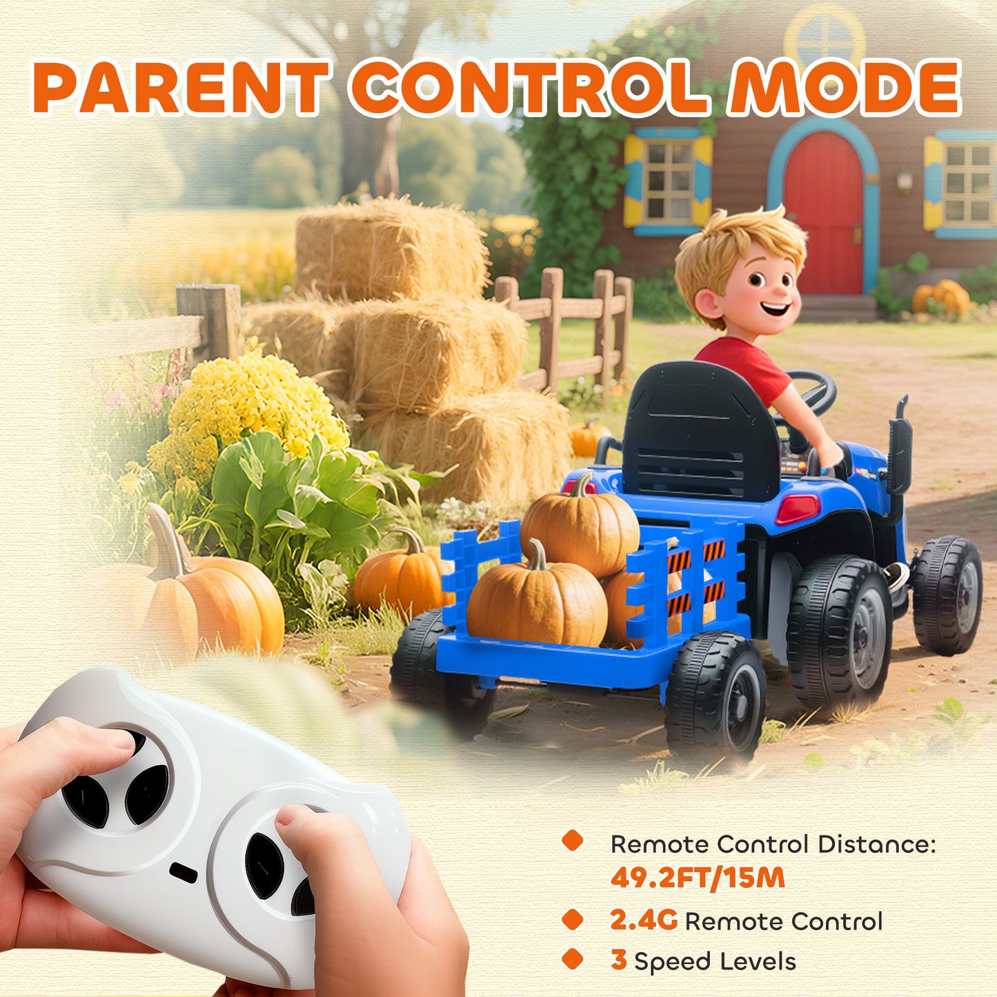 12V Ride on Tractor and Trailer with Remote Control, Music, Shifter