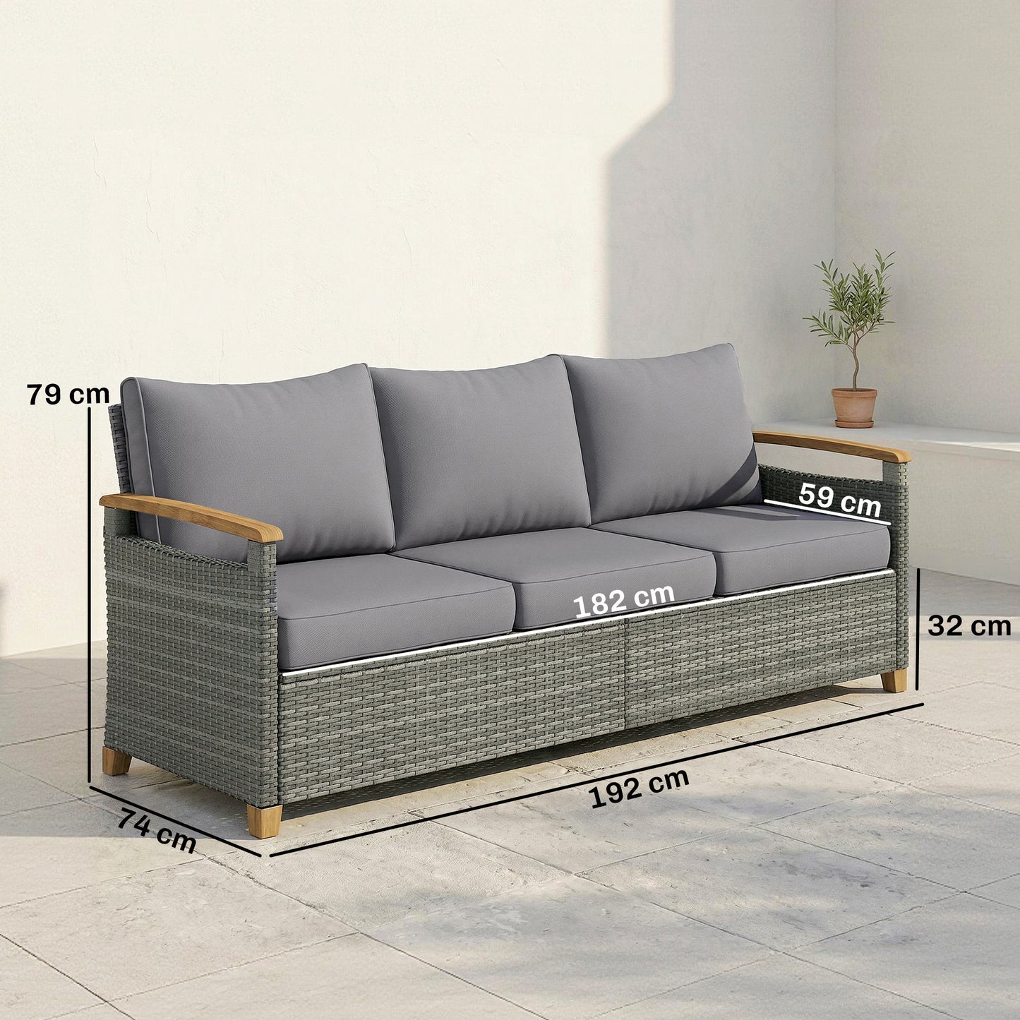 3 Seater Rattan Garden Sofa, PE Wicker Outdoor Sofa Wide Deep Seat