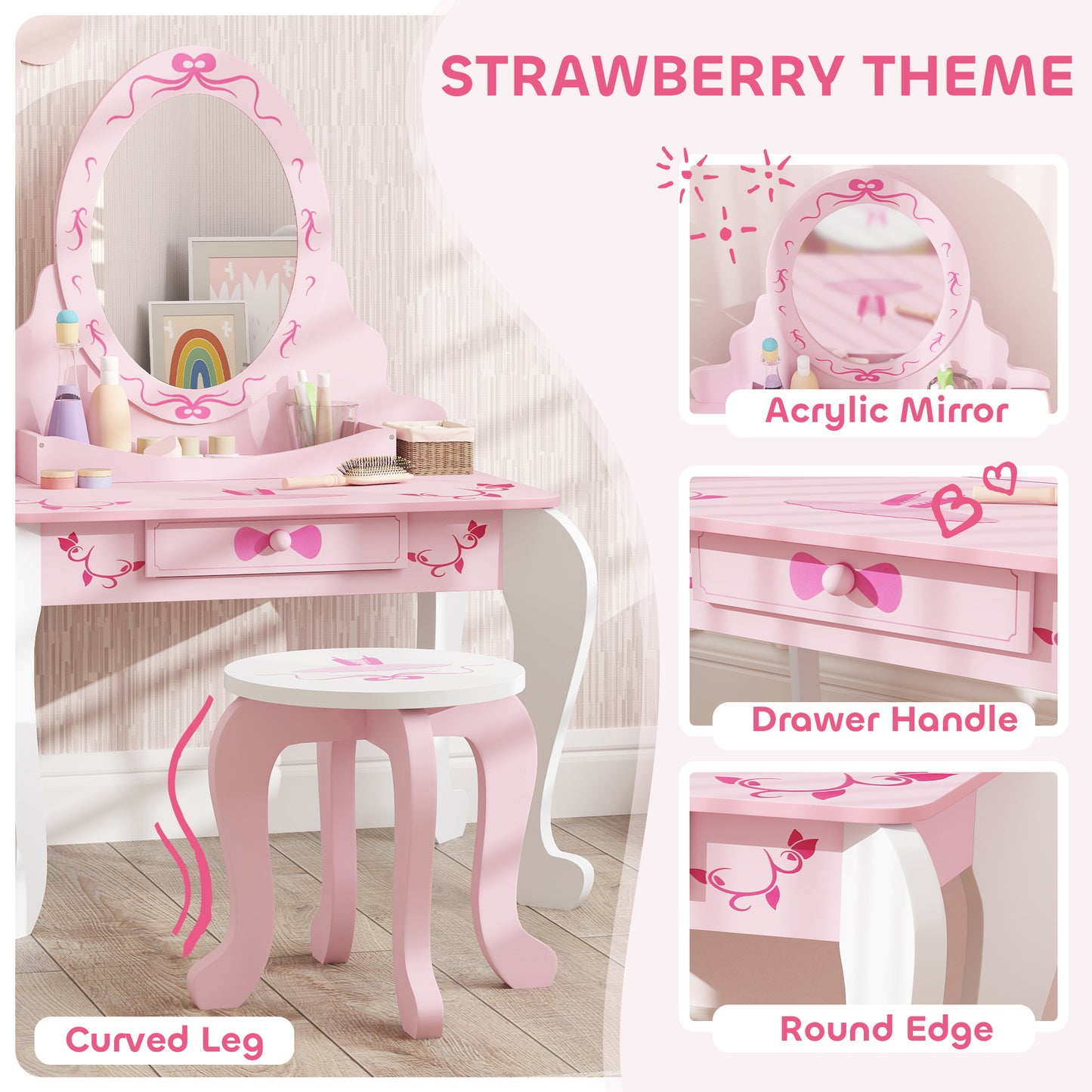 Kids Dressing Table Set, Vanity Table with Stool, Mirror, Drawer