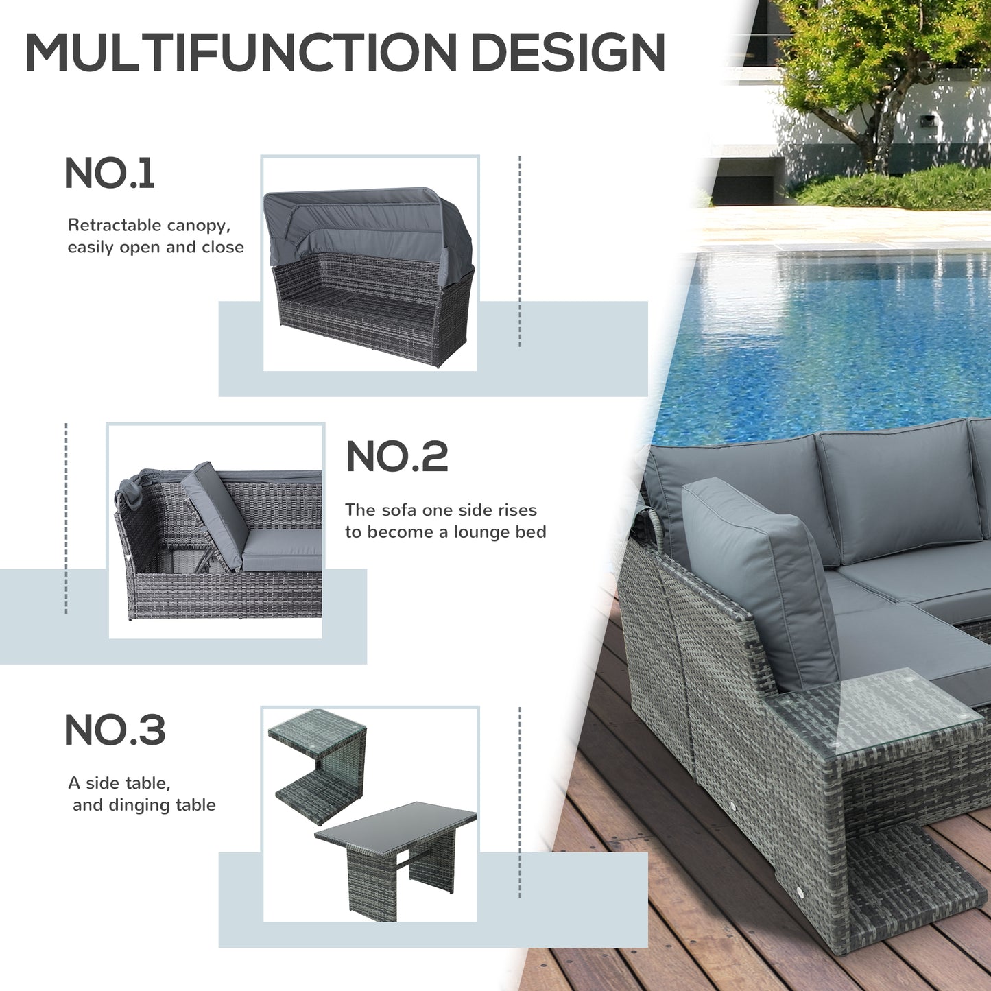5 PCS Outdoor Rattan Wicker Sofa Sets Reclining Sofa Adjustable