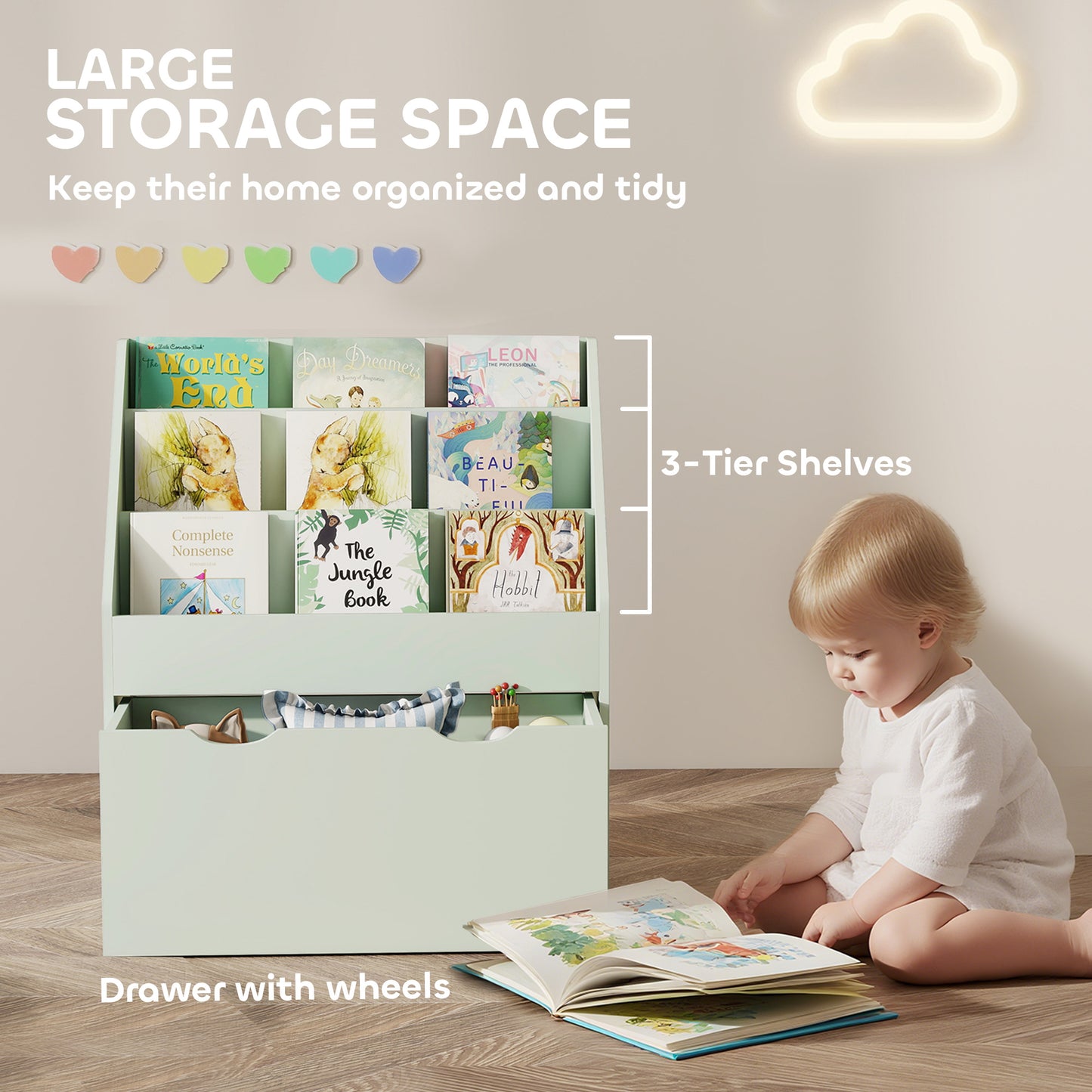Bookcase for Kids with Shelves, Drawer, Bookcase for Bedroom, Playroom