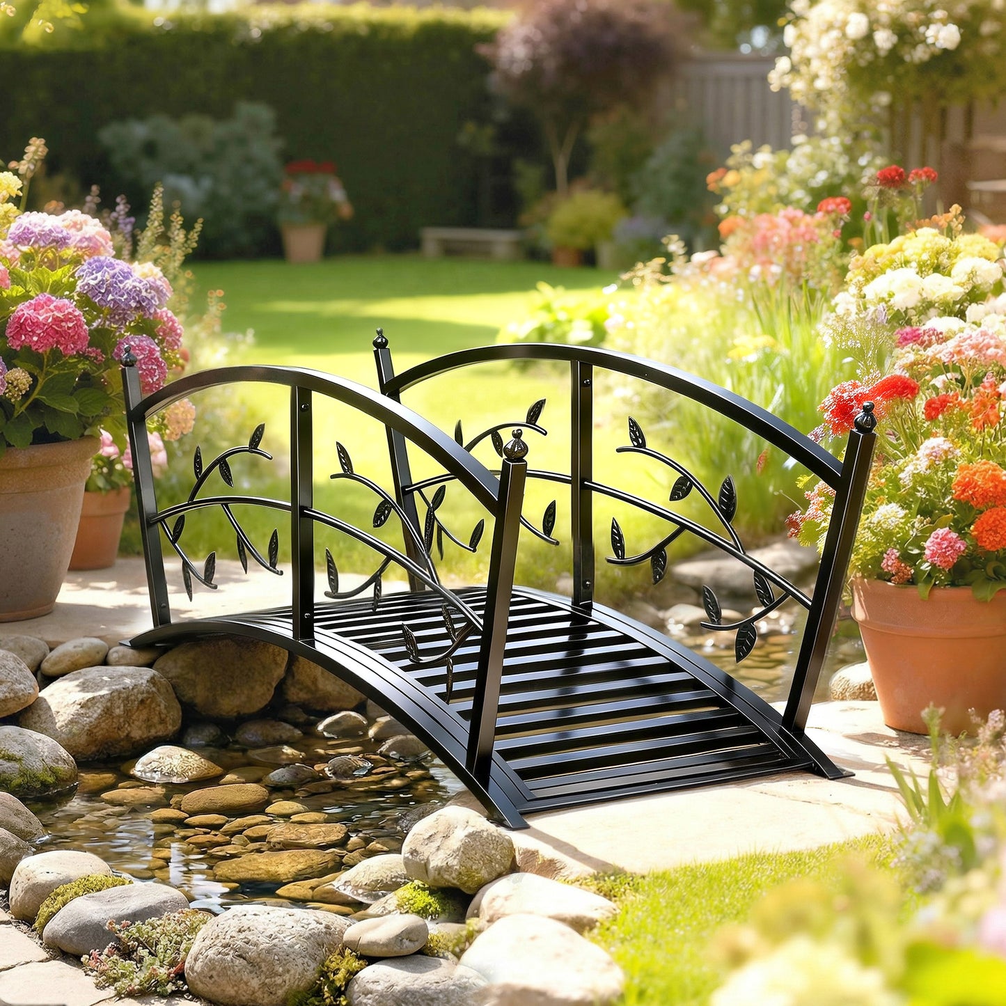 1.2M Metal Garden Bridge with Safety Railings, Outdoor Pond Bridge