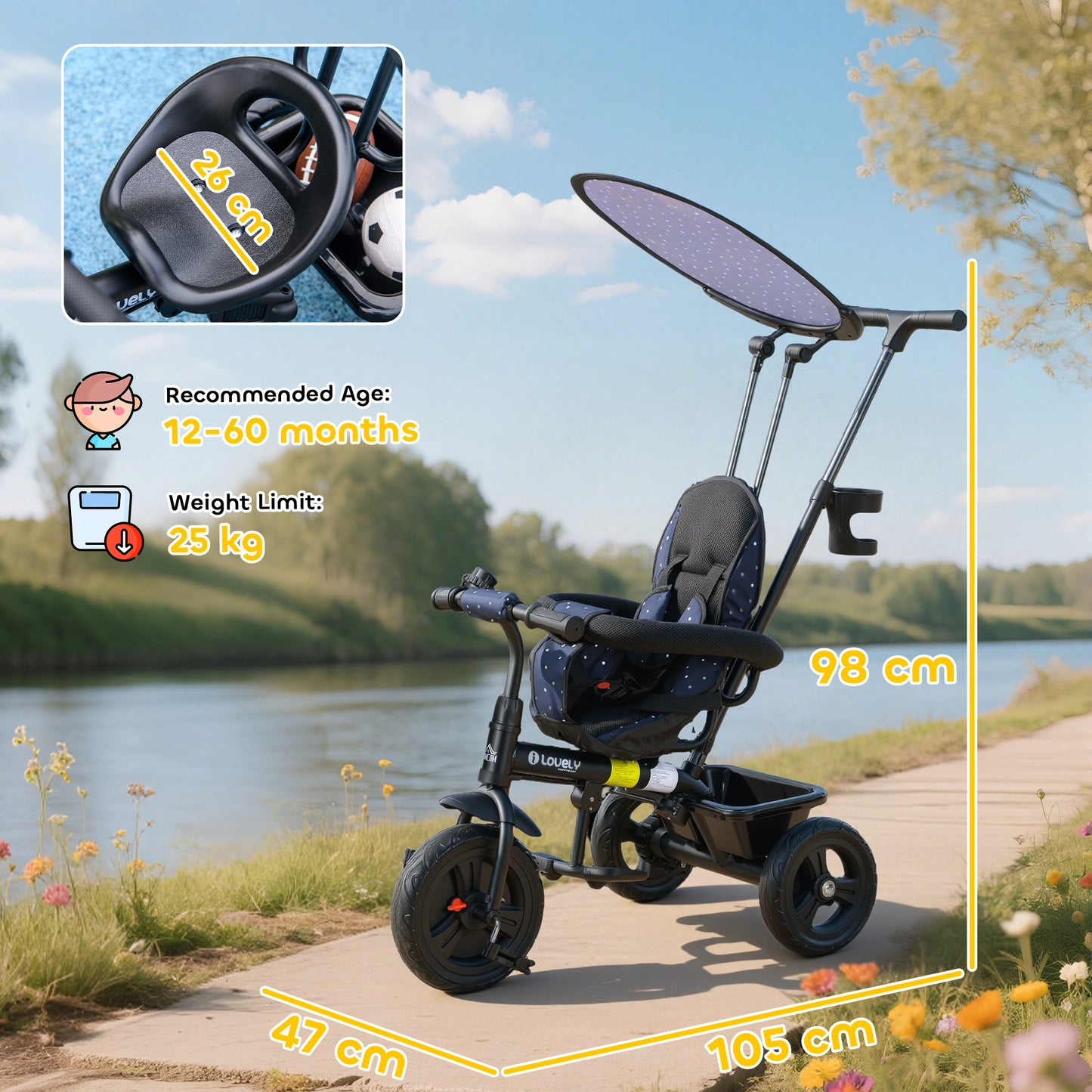 6 in 1 Tricycle for Kids with 5-point harness straps, Removable Canopy