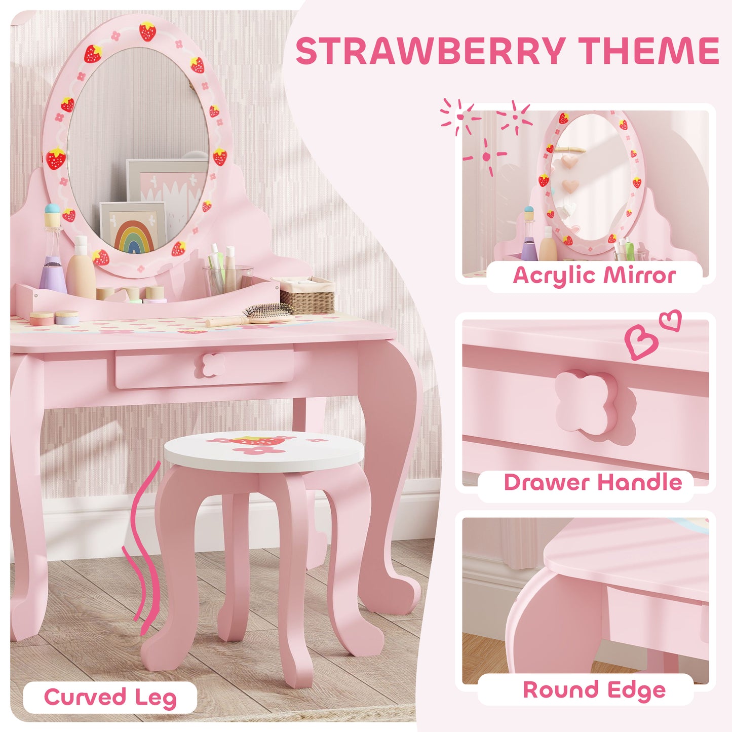 Kids Dressing Table Set, Vanity Table with Stool, Mirror, Drawer (1)