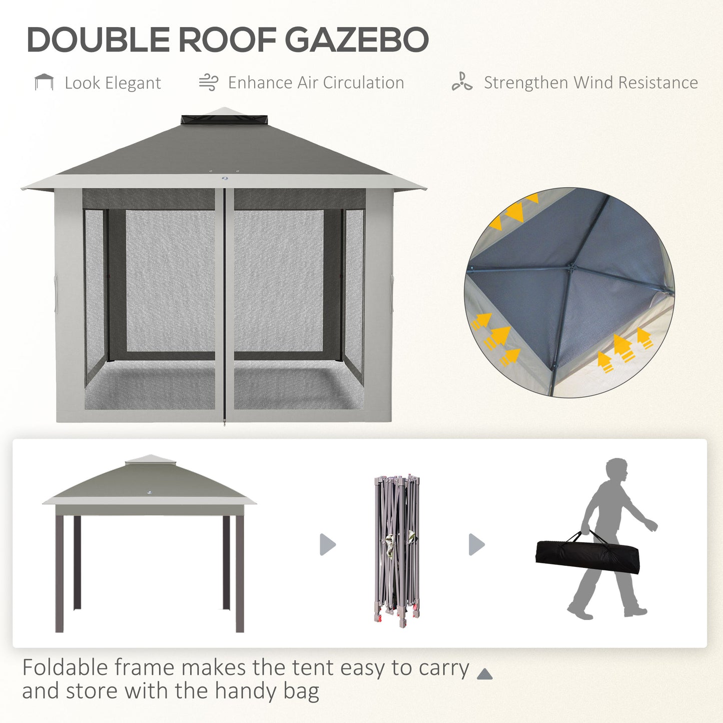Pop Up Canopy Tent with Double Roof, Zipped Mesh Sidewalls